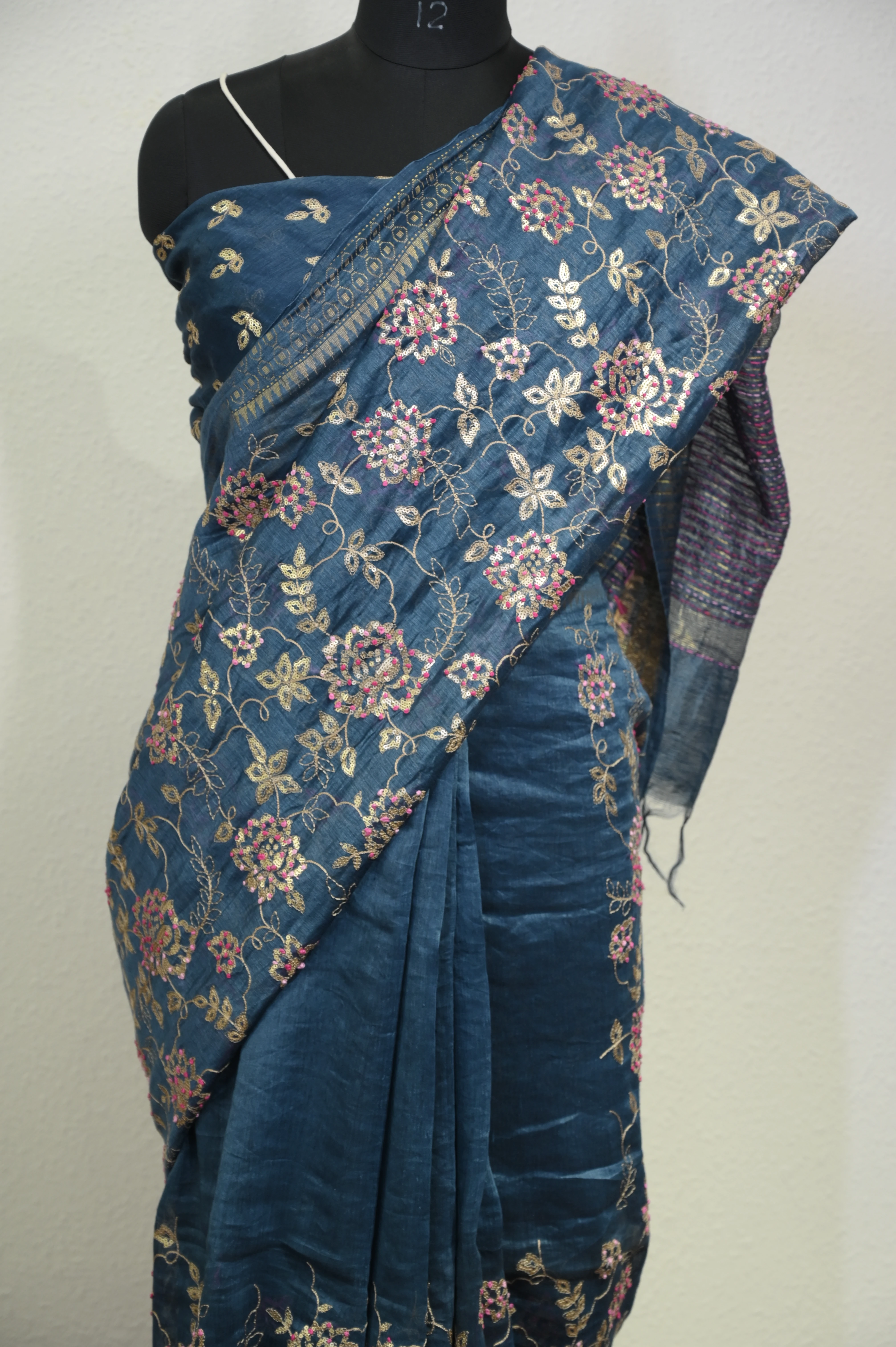 Midnight Teal Floral Embroidered Tussar-Linen Silk Saree