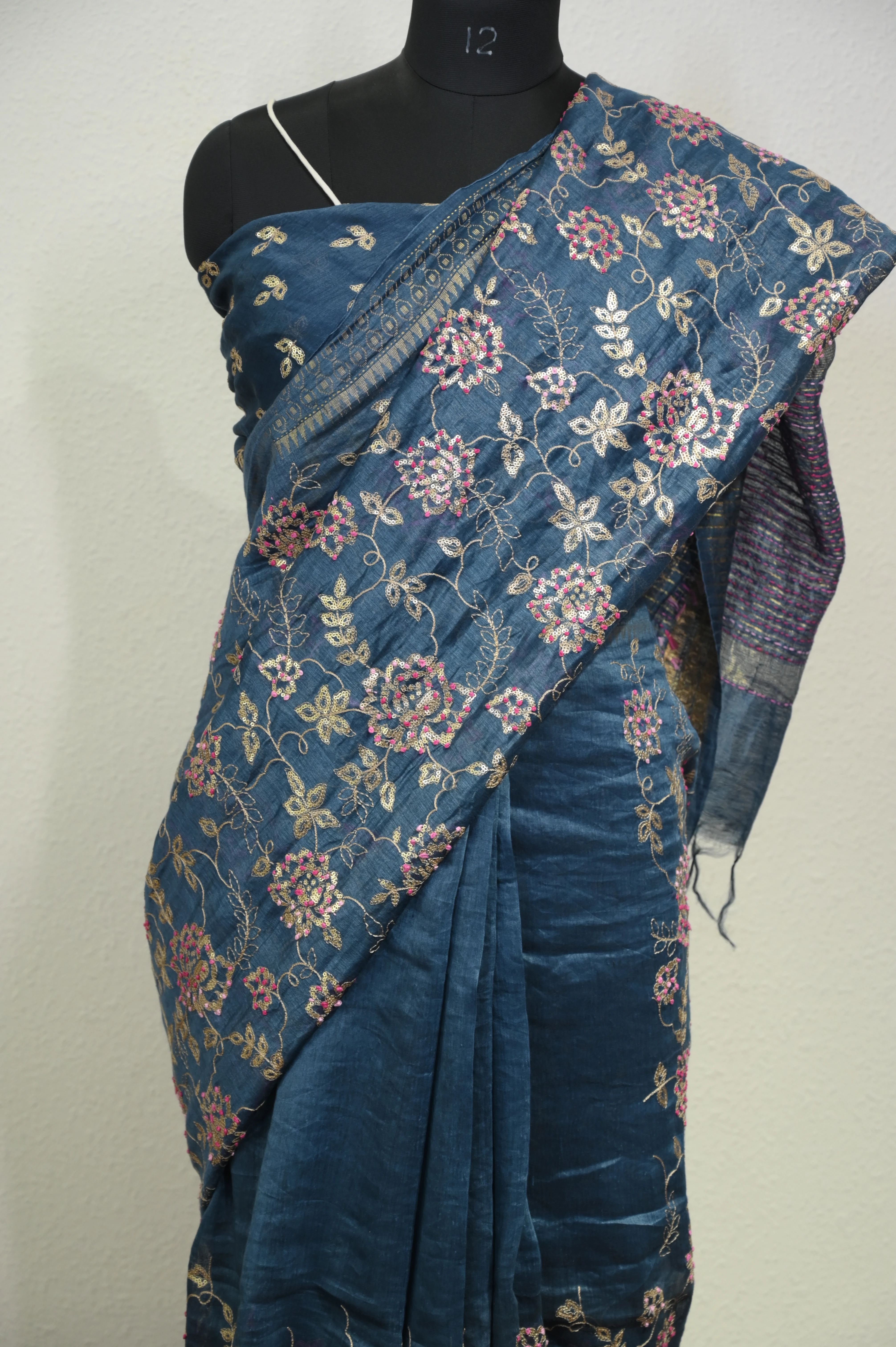 Midnight Teal Floral Embroidered Tussar-Linen Silk Saree