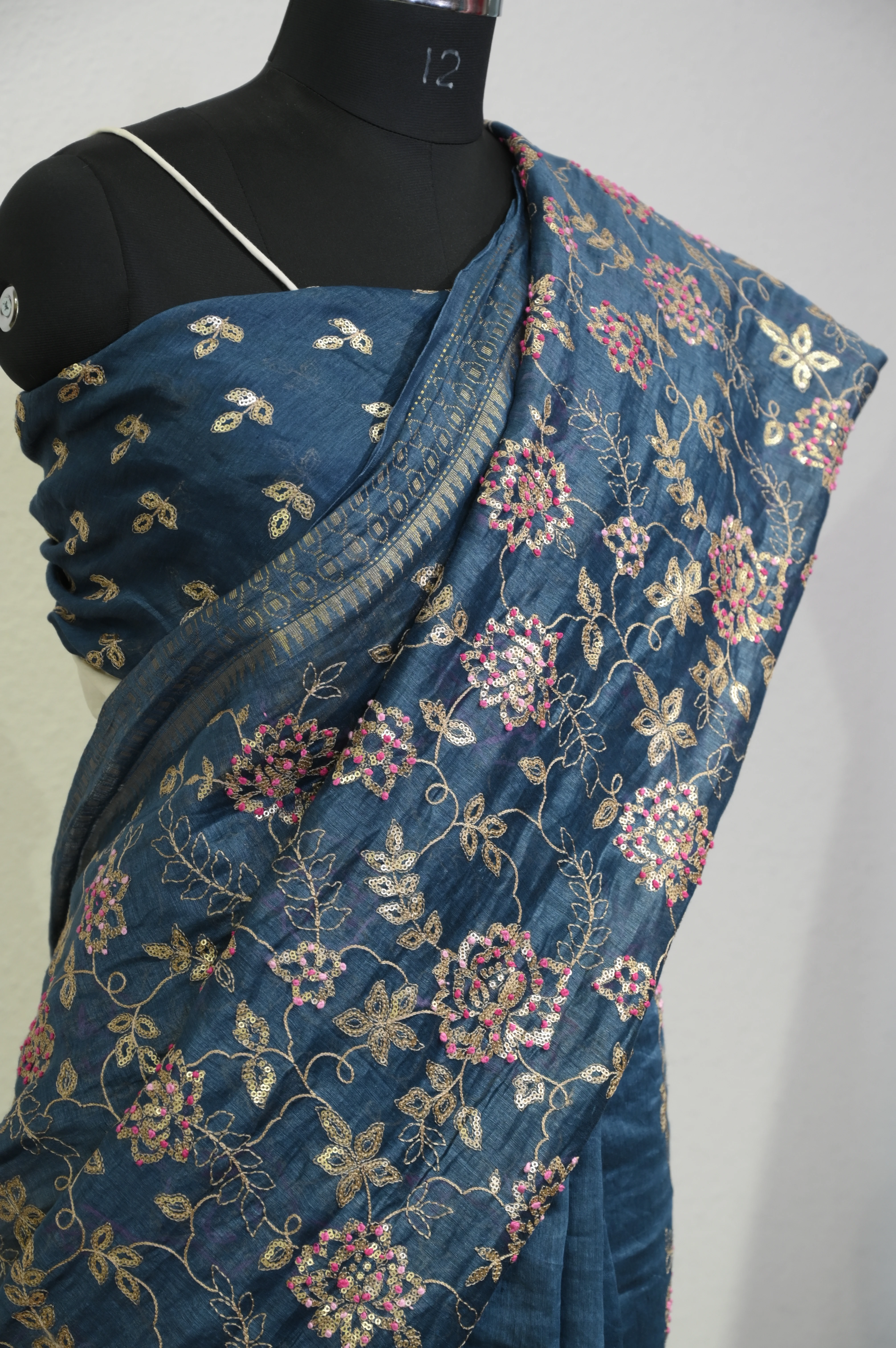 Midnight Teal Floral Embroidered Tussar-Linen Silk Saree