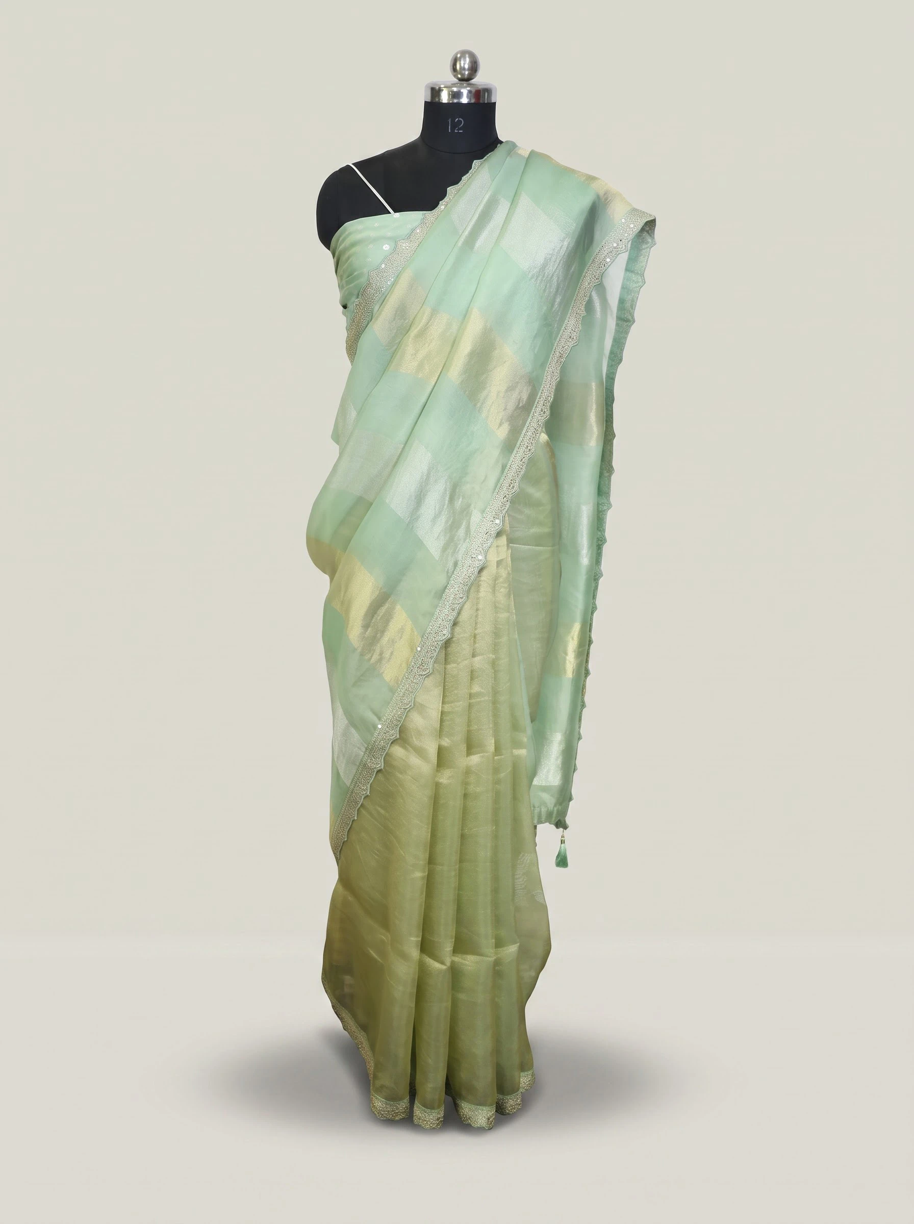 Green Checked Organza Saree Mint Green Magic