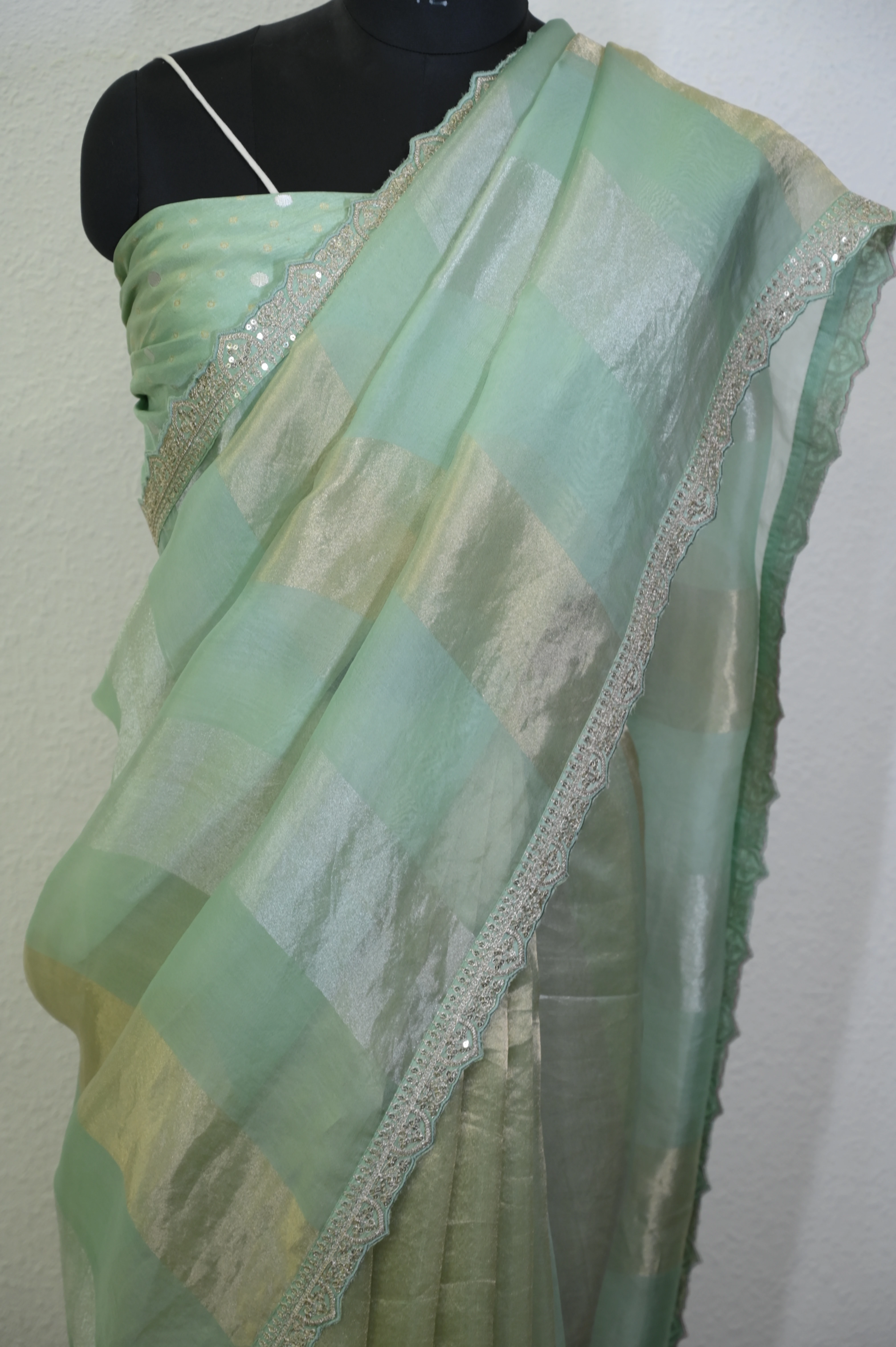 Green Checked Organza Saree Mint Green Magic