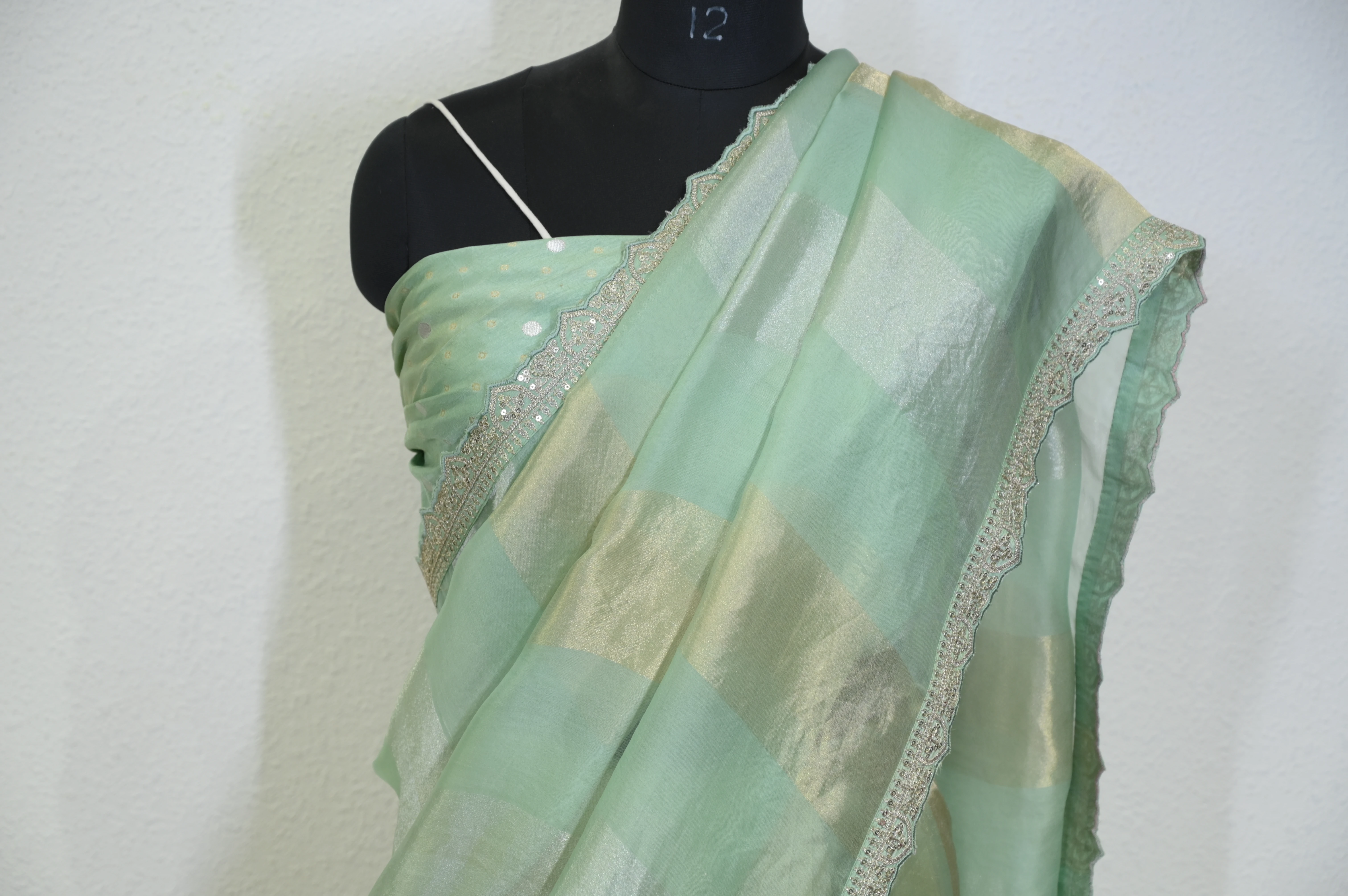 Green Checked Organza Saree Mint Green Magic
