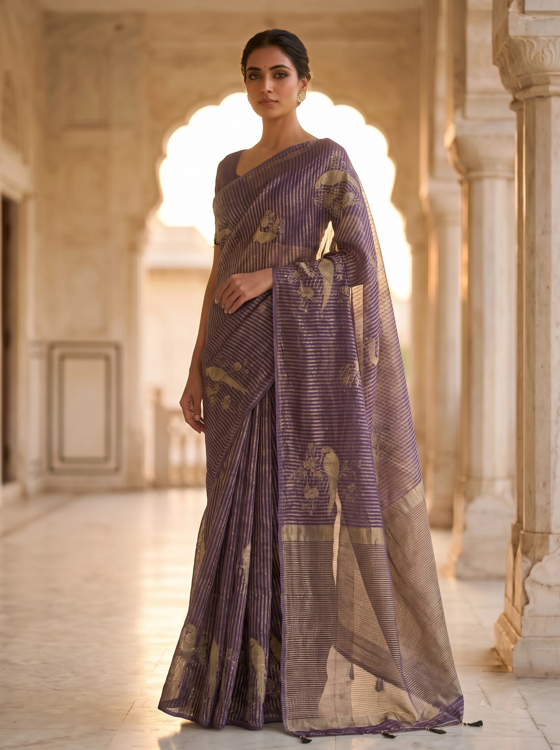 Mulberry Striped Avian Tissue Saree