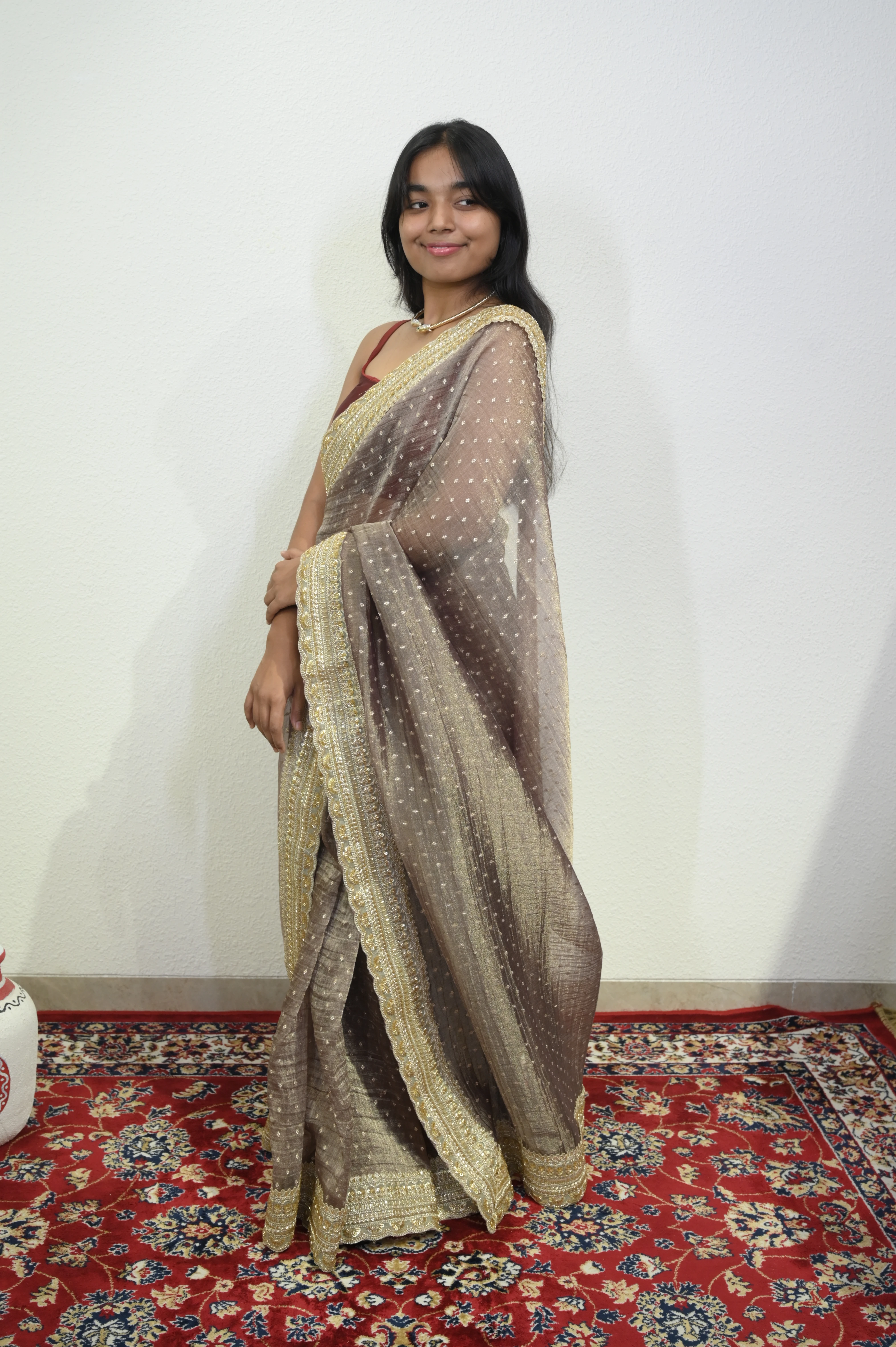 Metallic Brown Organza Saree