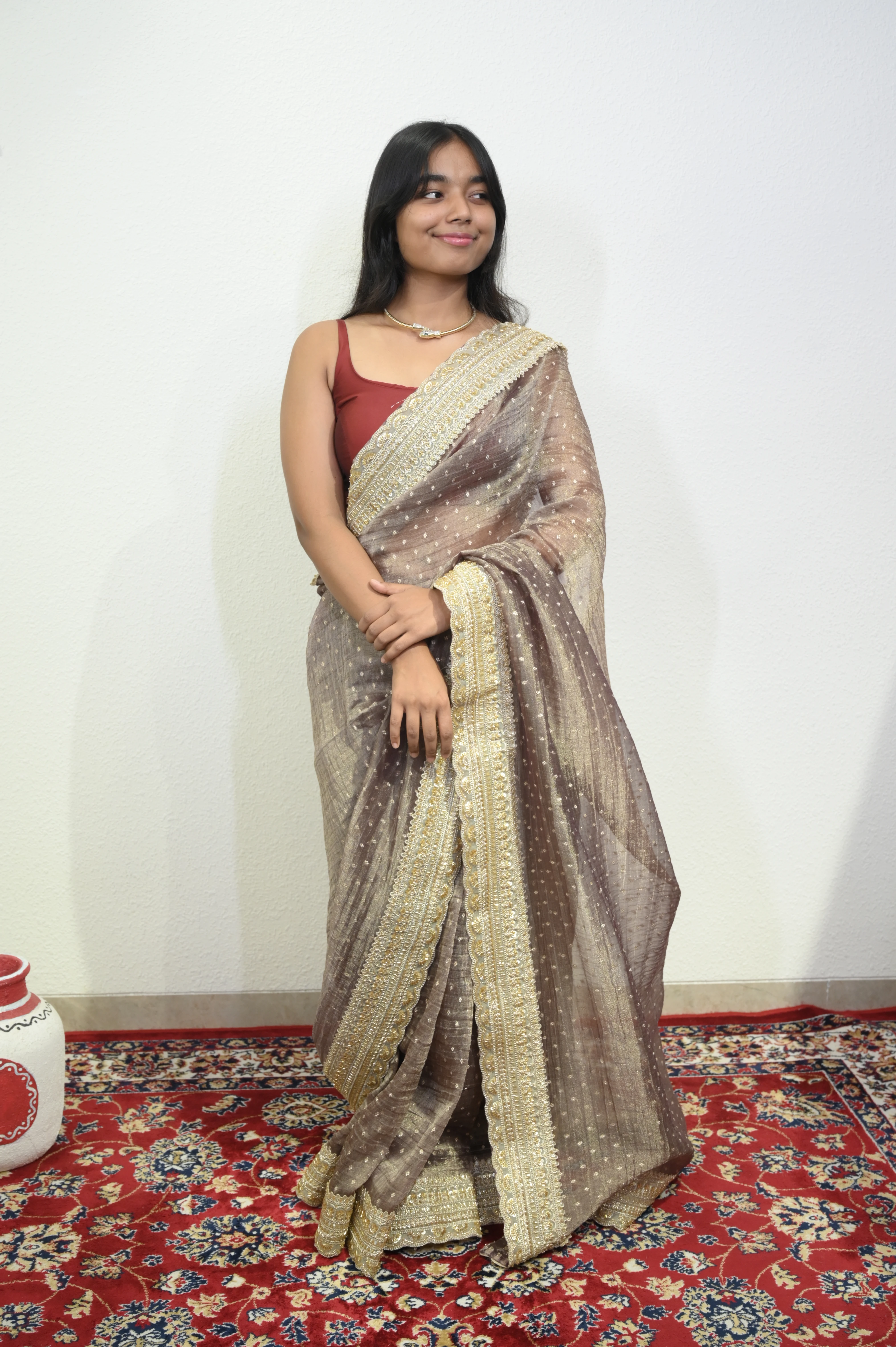Metallic Brown Organza Saree