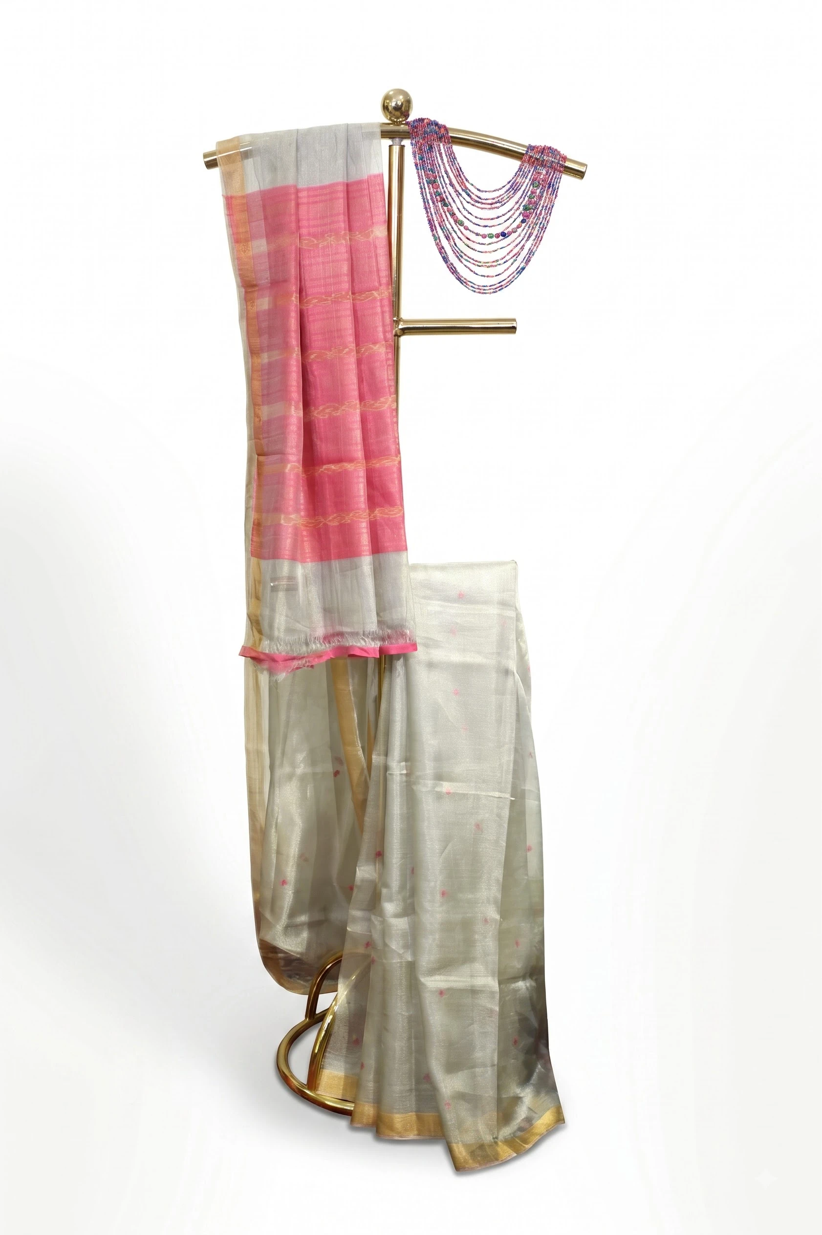 Silver-Grey Pink Striped Saree