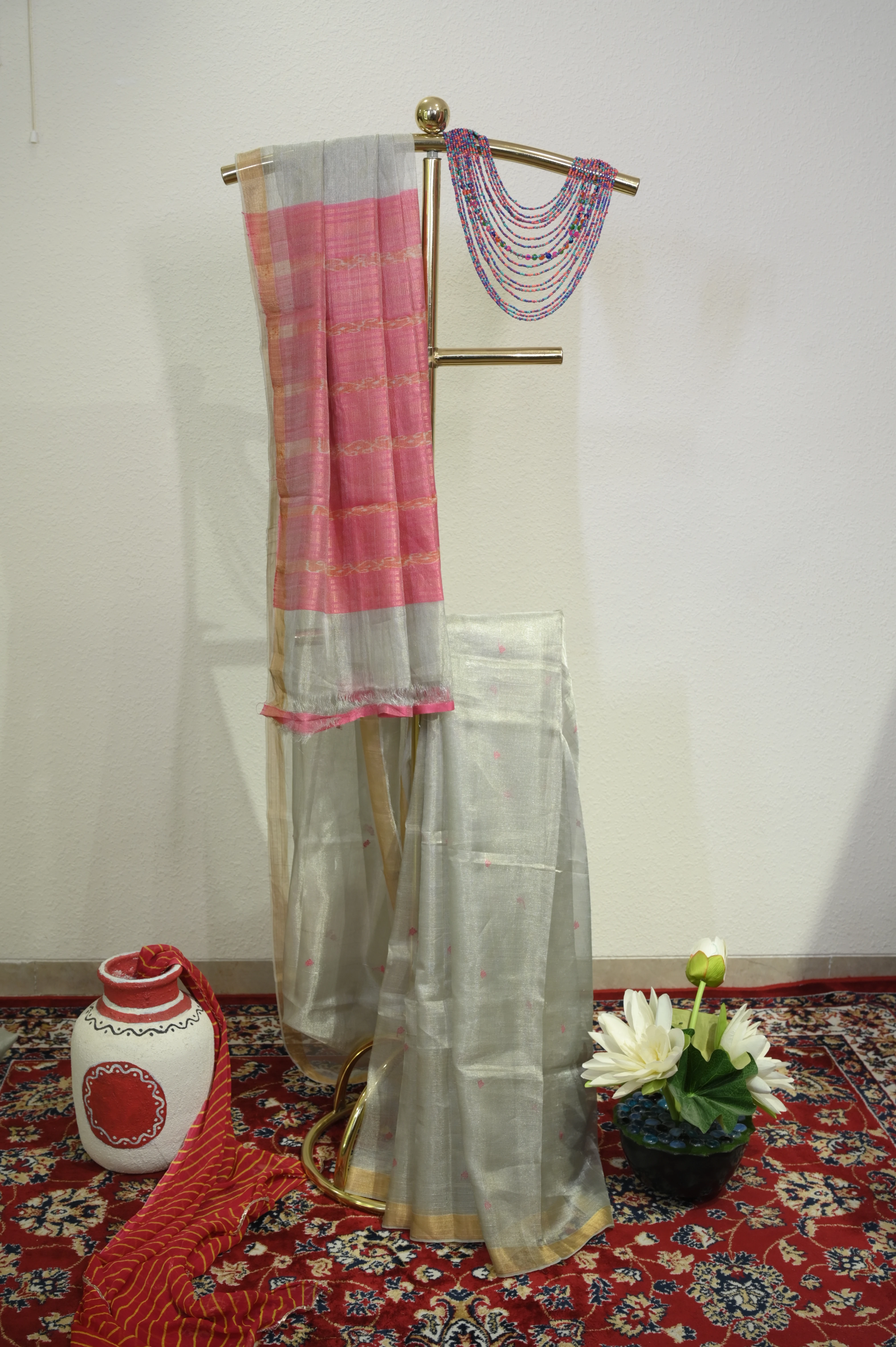 Silver-Grey Pink Striped Saree