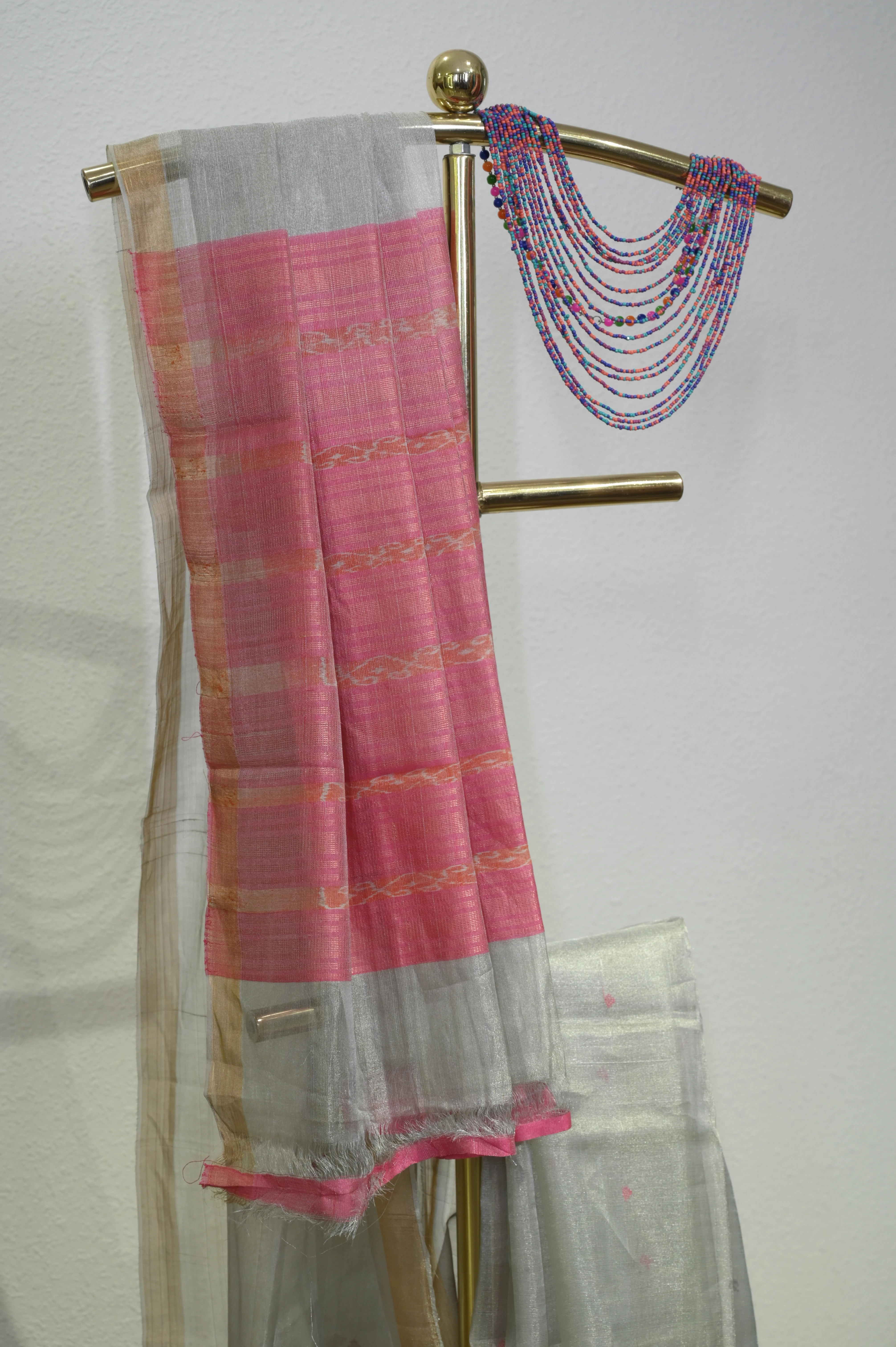 Silver-Grey Pink Striped Saree