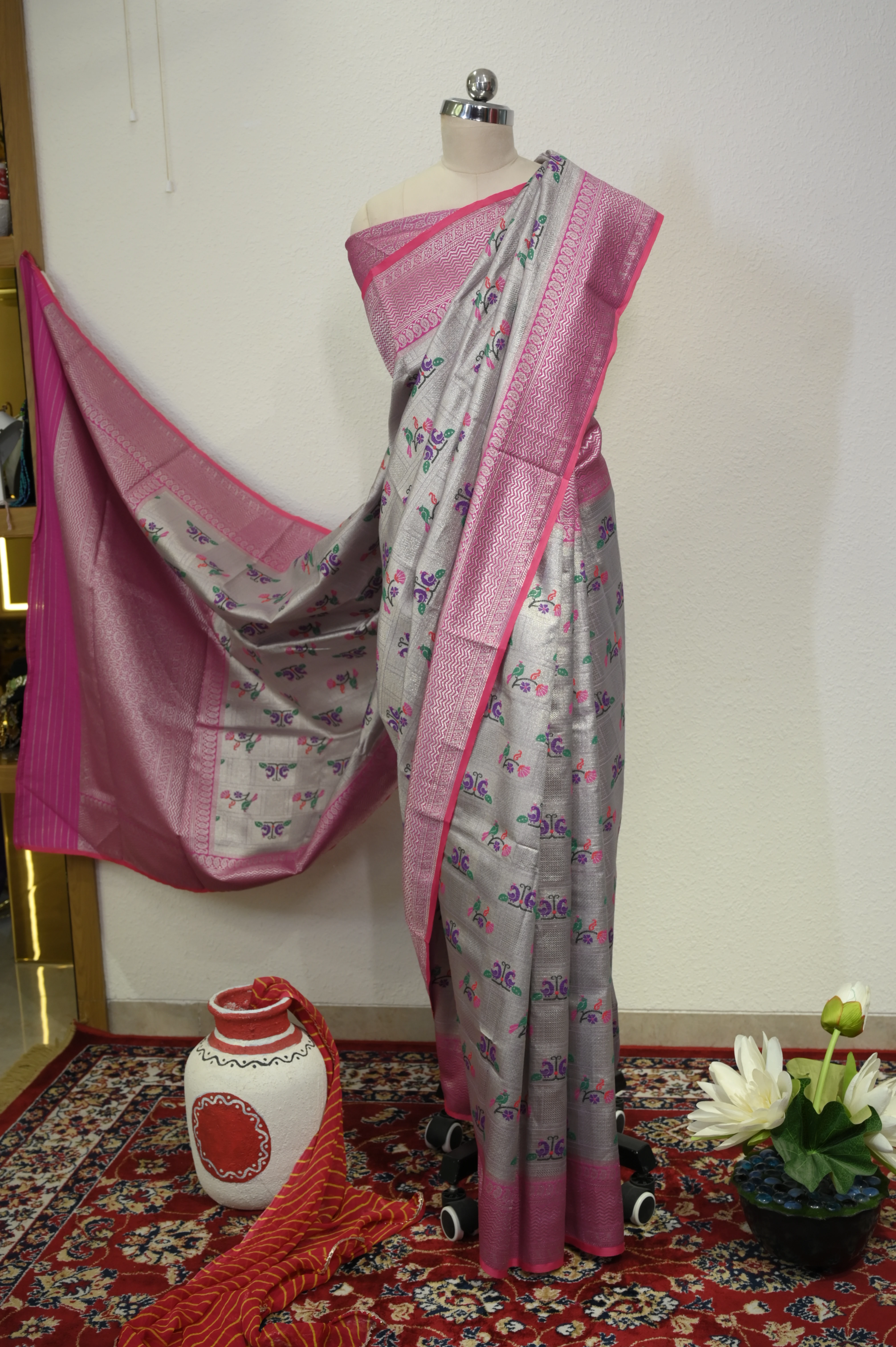 Silver & Magenta Brocade Saree