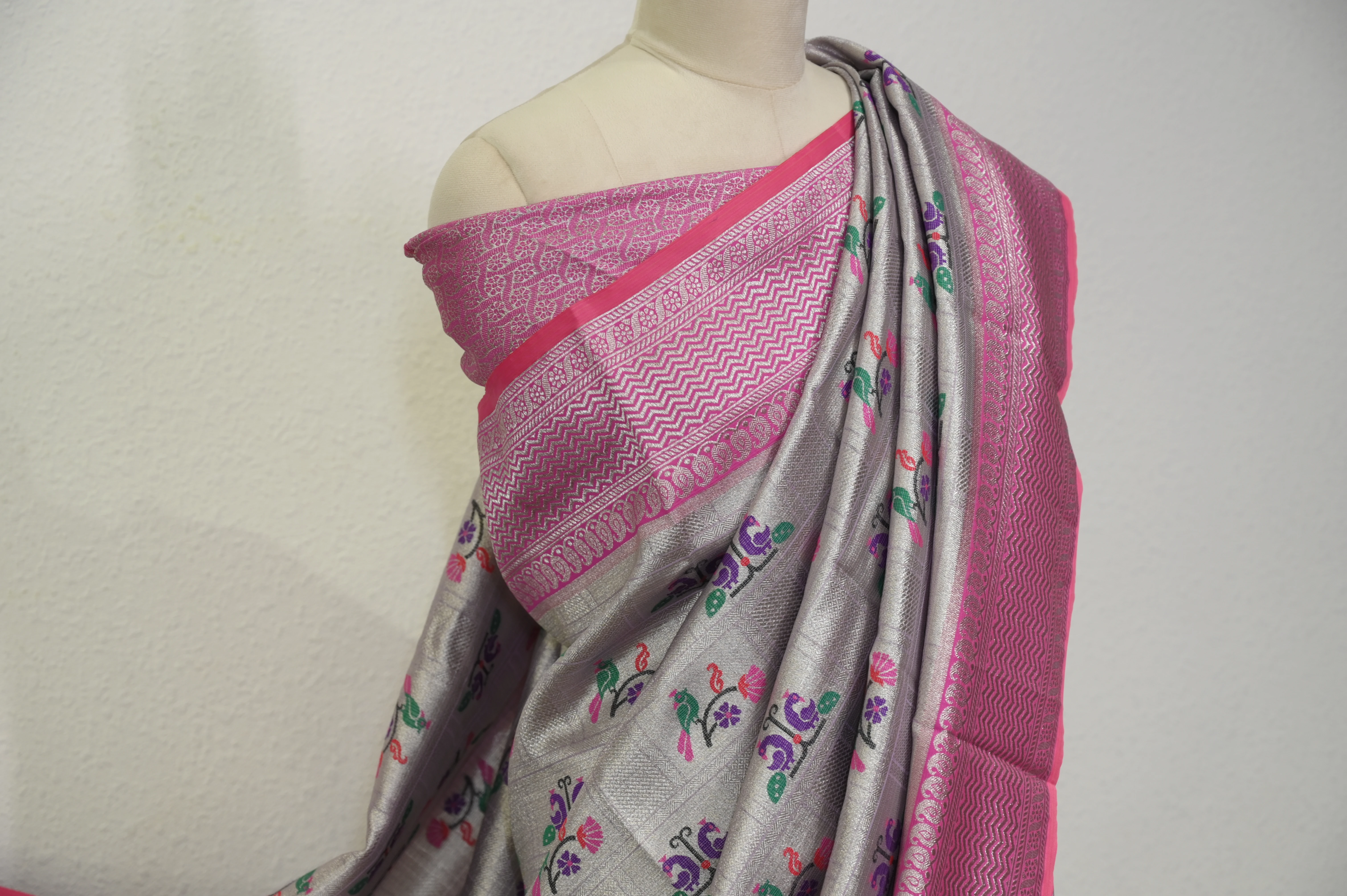 Silver & Magenta Brocade Saree