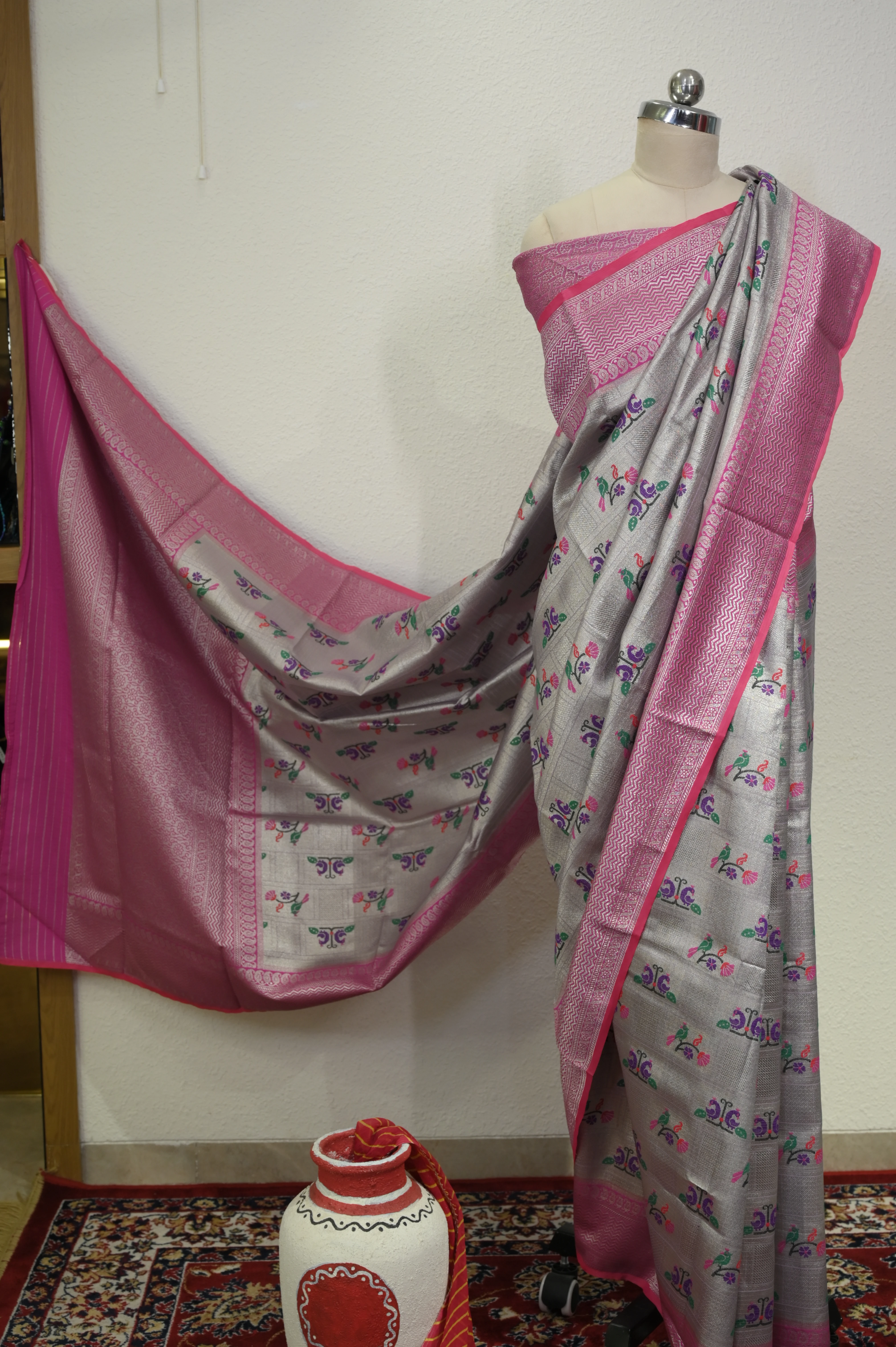Silver & Magenta Brocade Saree