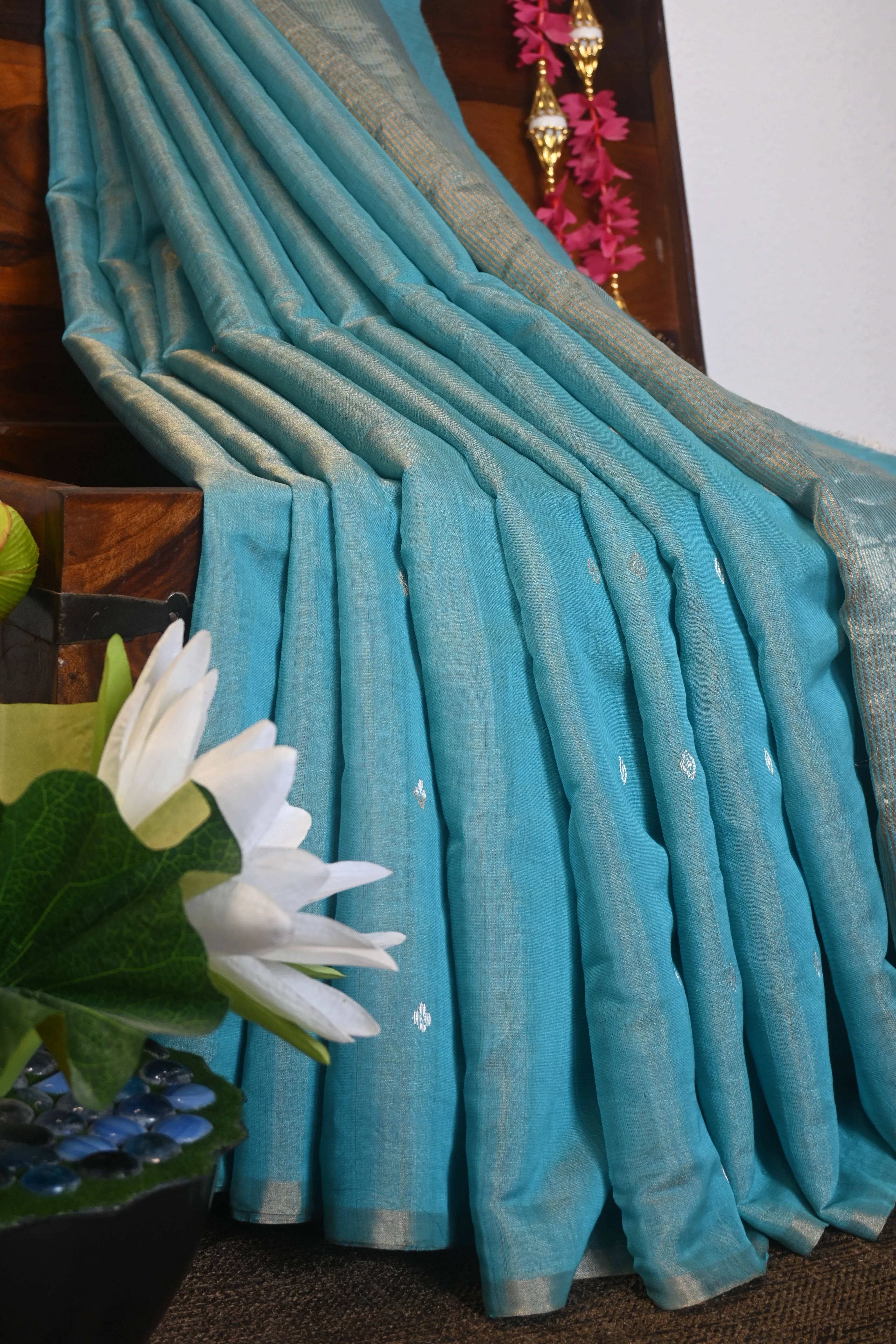 Cerulean Blue Chanderi Tissue-Silk Saree