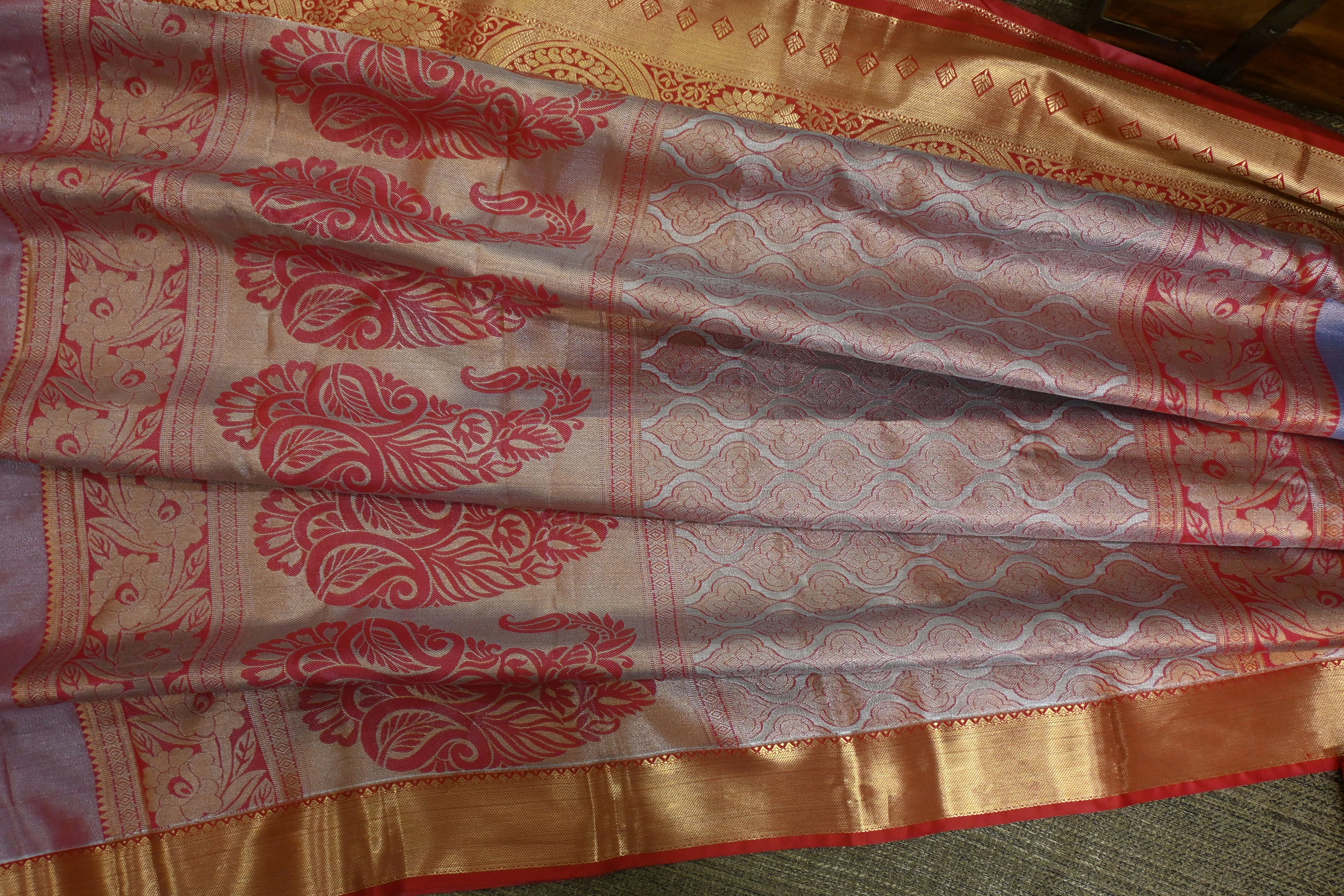 Metallic Slate & Terracotta Kanjivaram Silk Saree