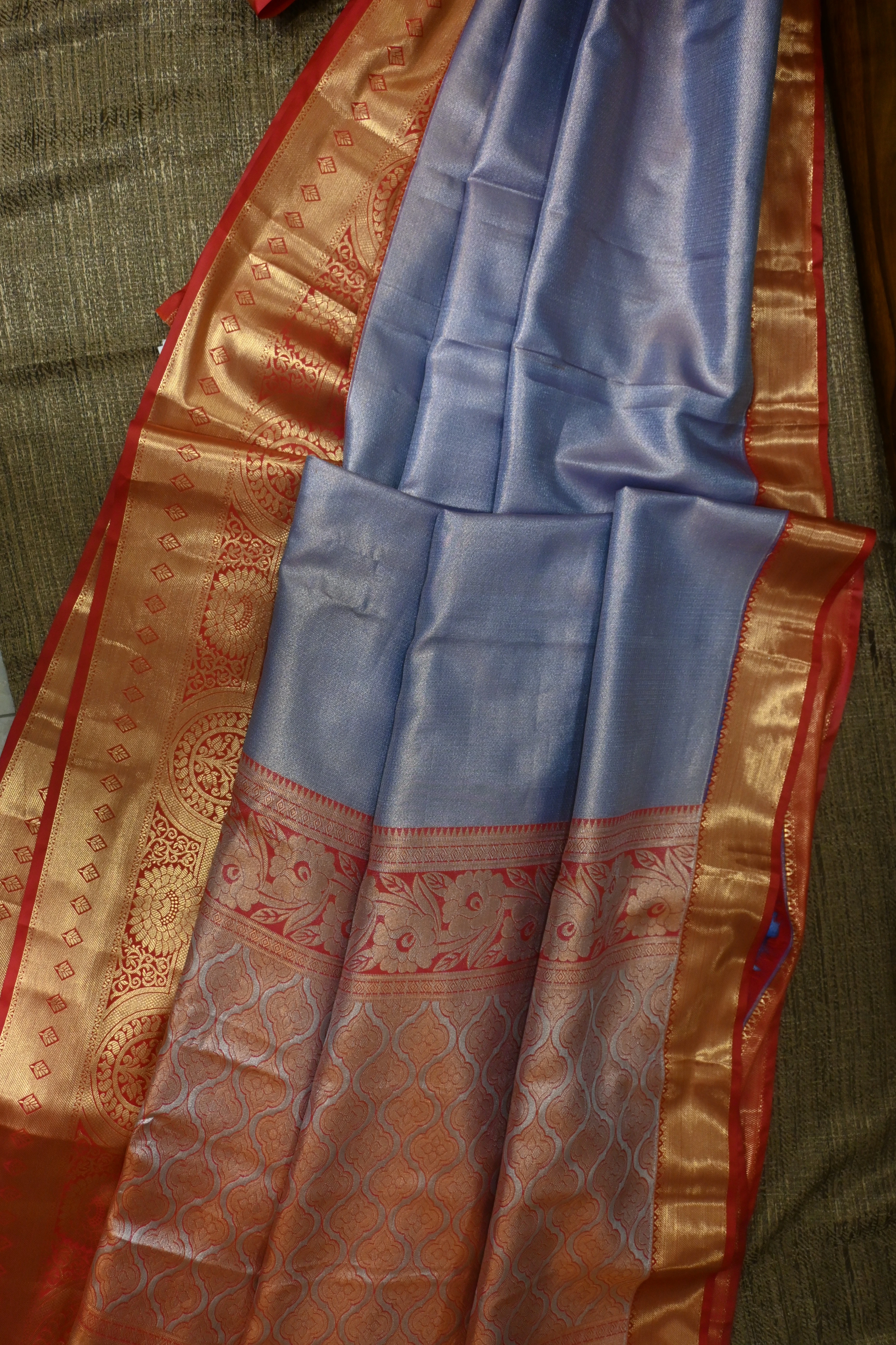 Metallic Slate & Terracotta Kanjivaram Silk Saree