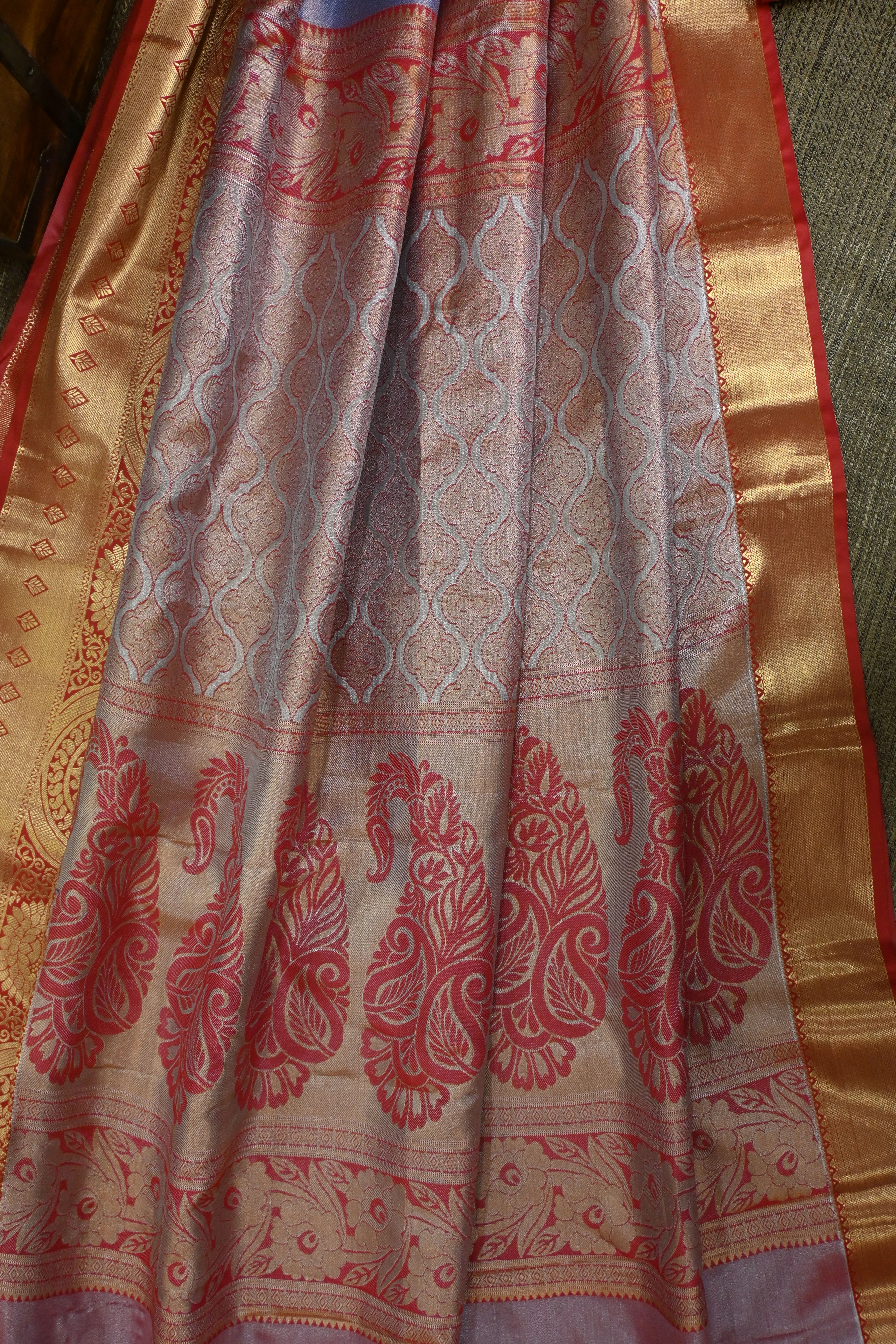 Metallic Slate & Terracotta Kanjivaram Silk Saree