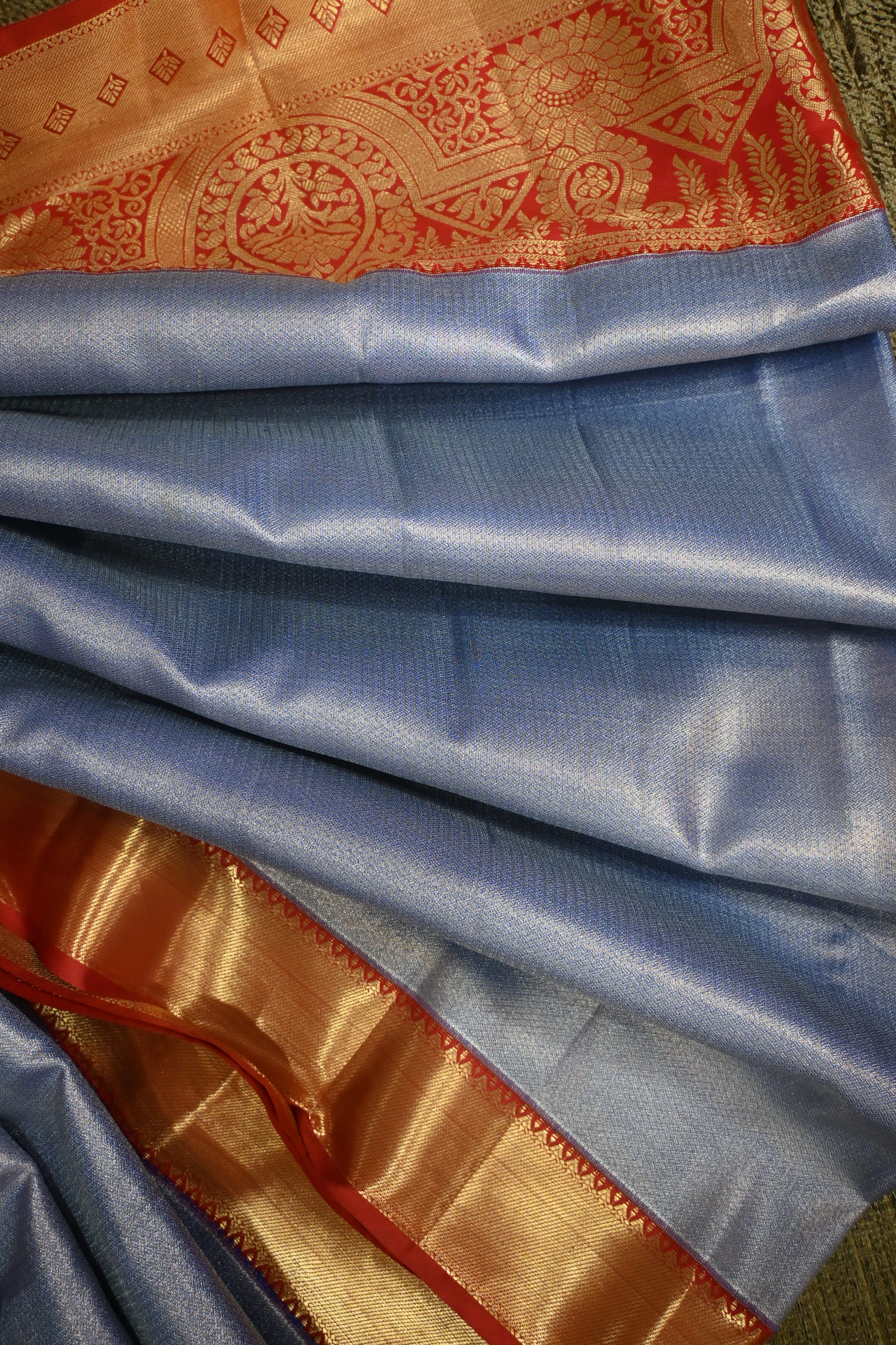 Metallic Slate & Terracotta Kanjivaram Silk Saree