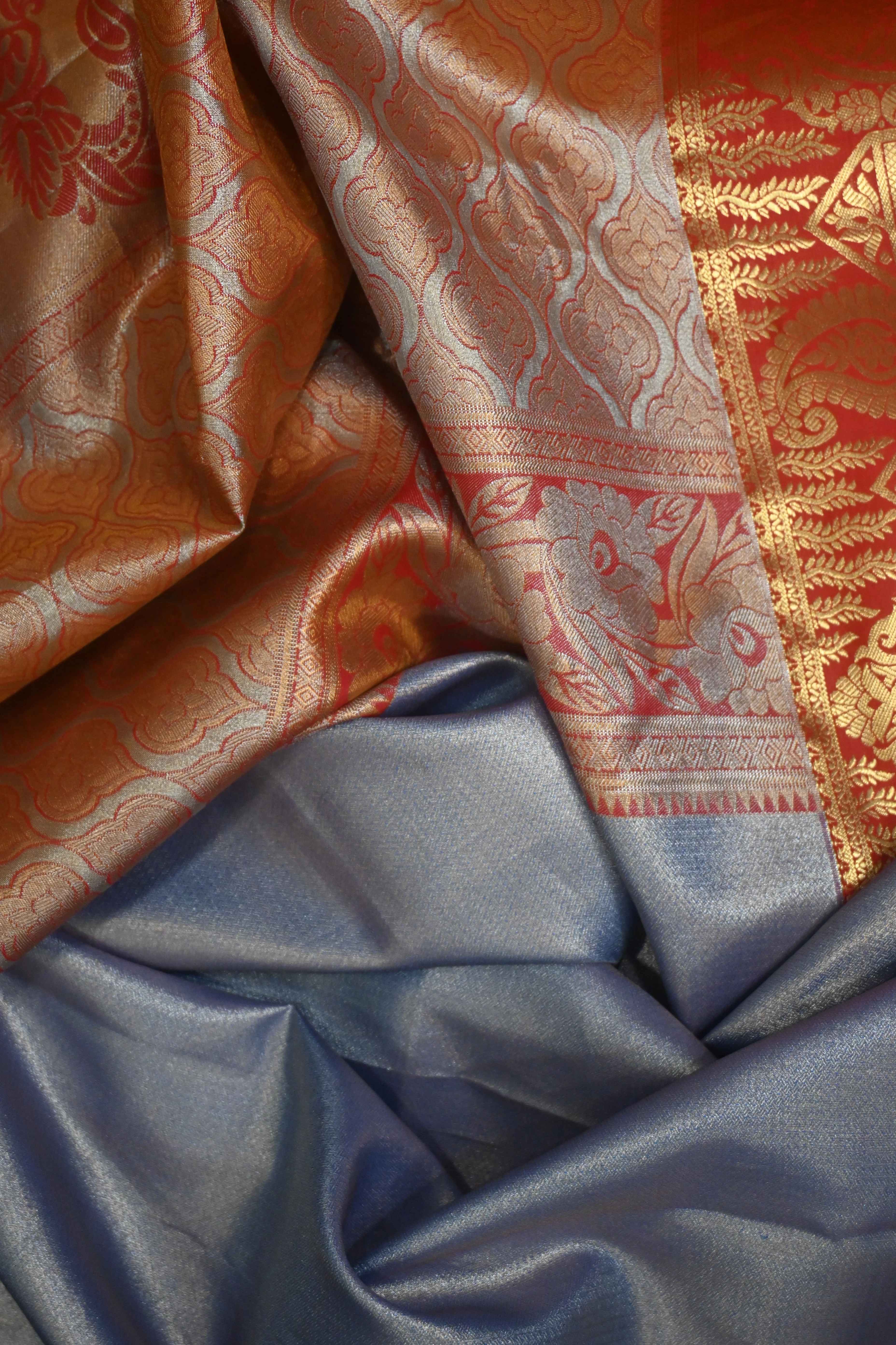 Metallic Slate & Terracotta Kanjivaram Silk Saree