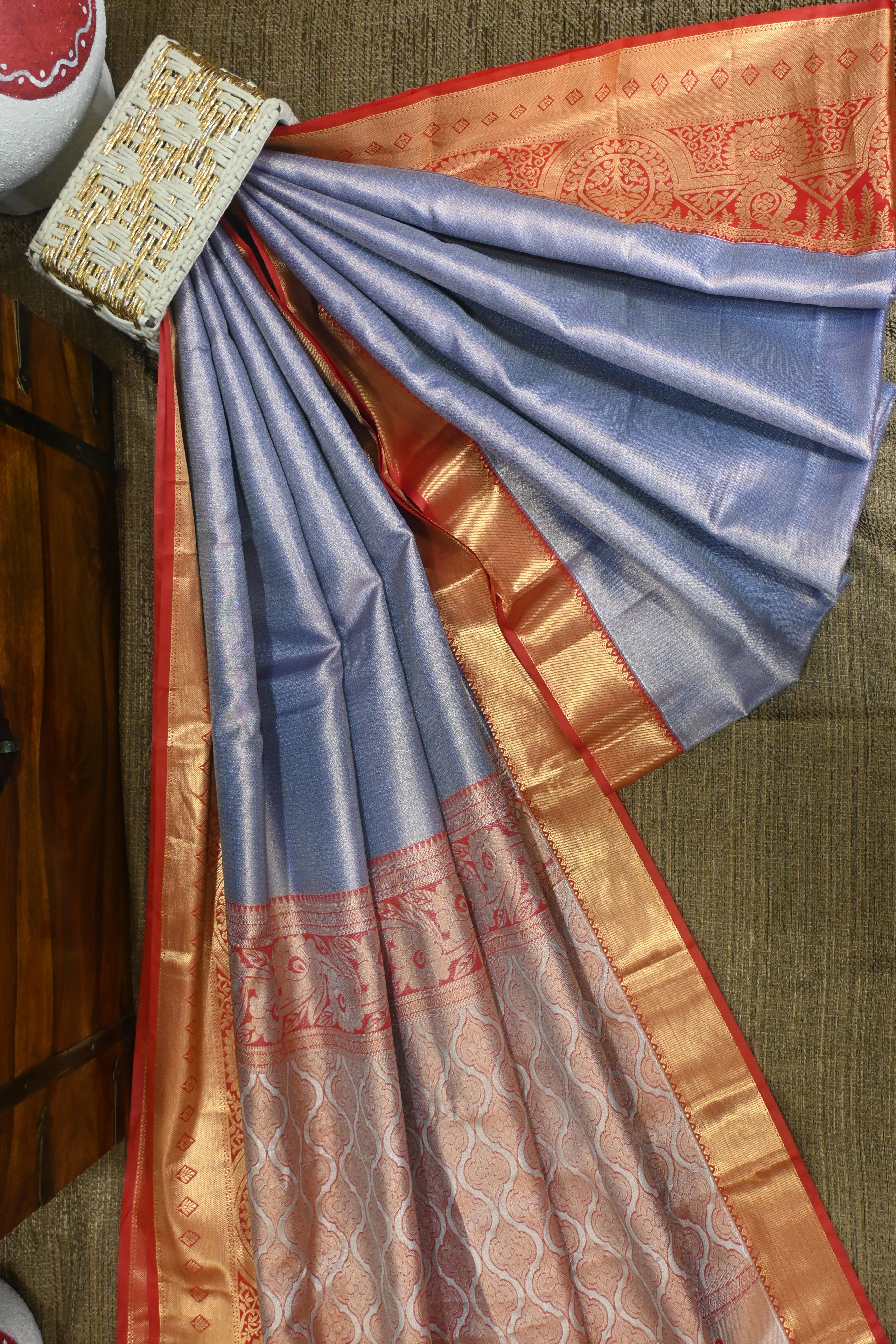 Metallic Slate & Terracotta Kanjivaram Silk Saree