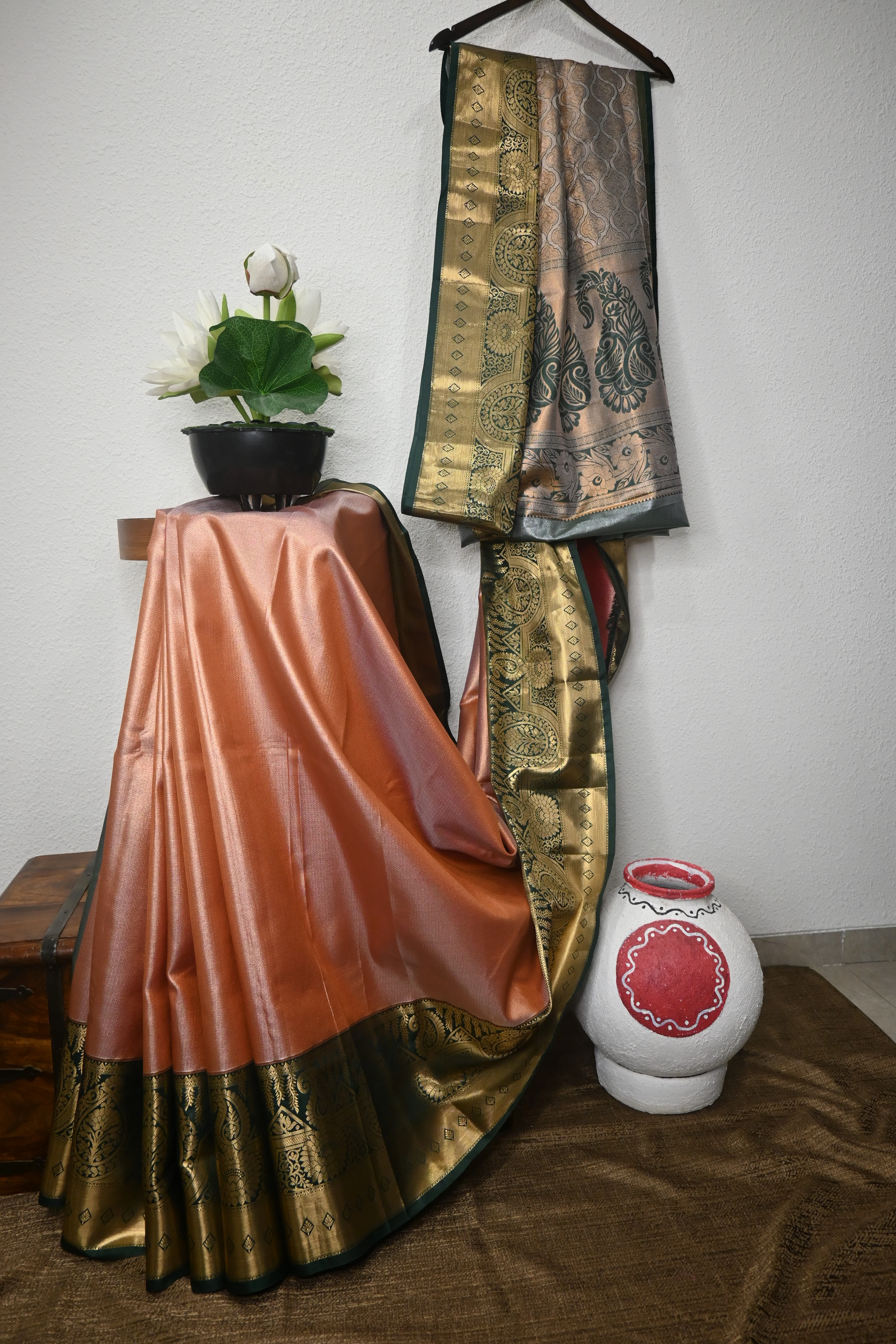 Coral & Forest Green Kanjivaram Saree