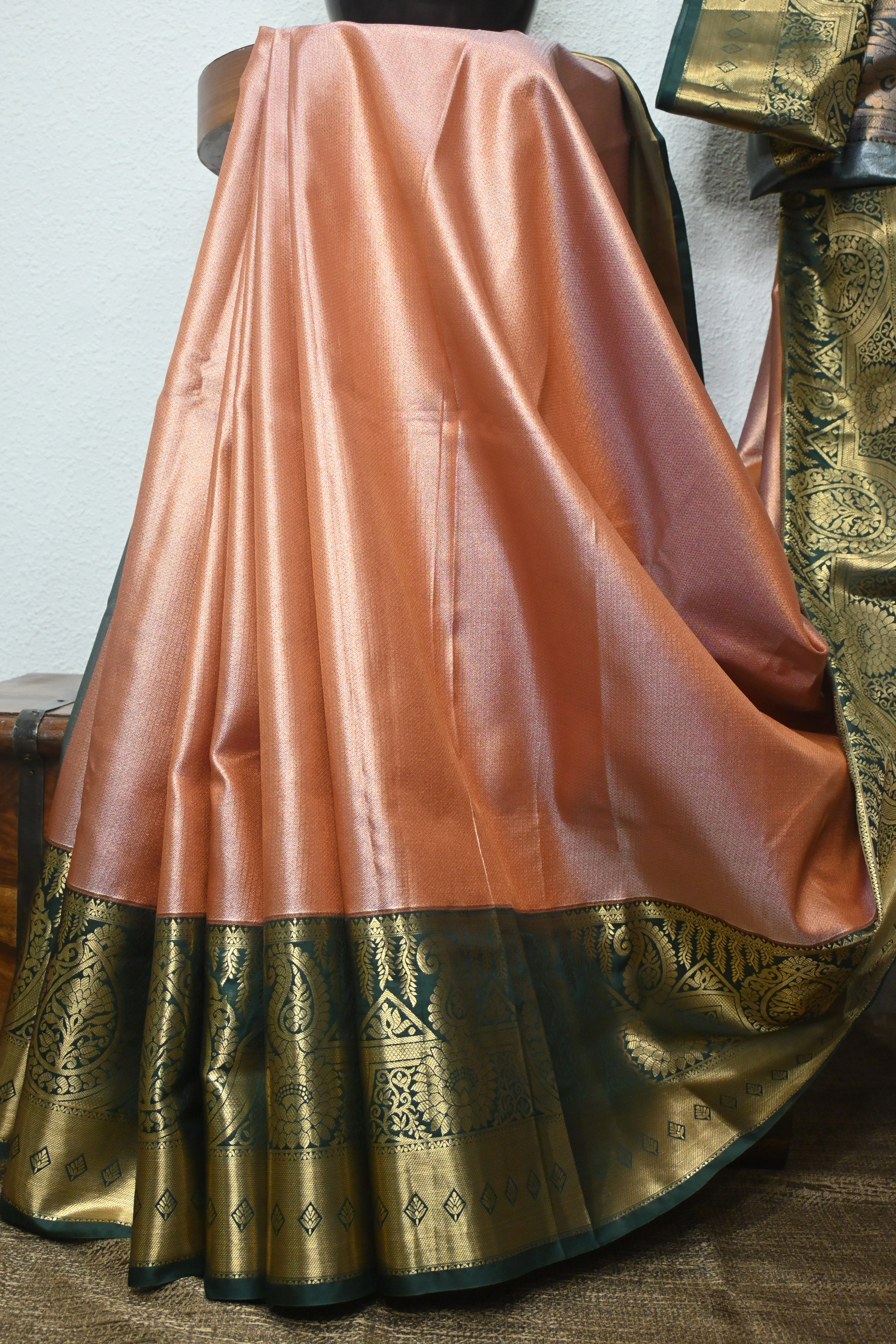 Coral & Forest Green Kanjivaram Saree