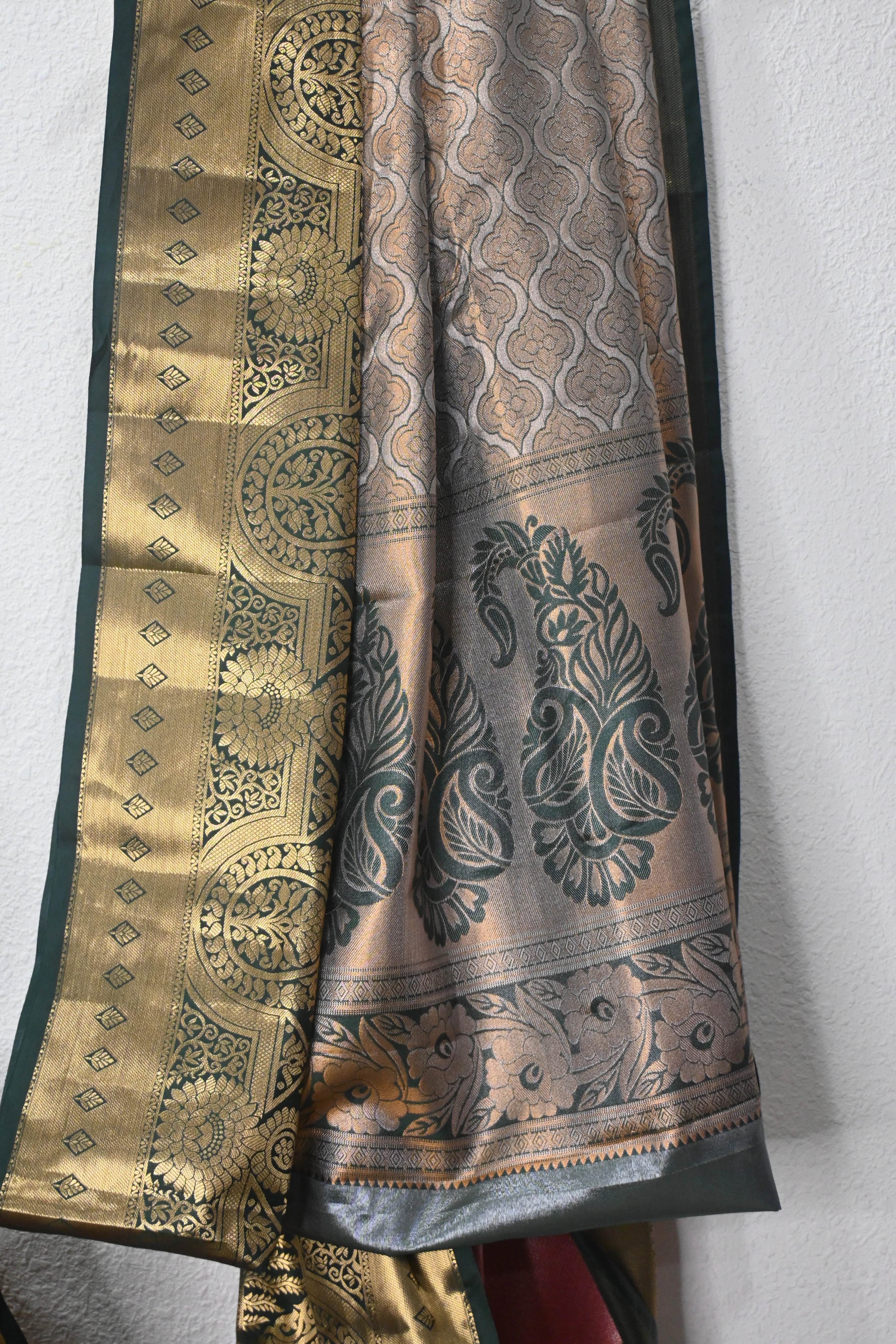 Coral & Forest Green Kanjivaram Saree