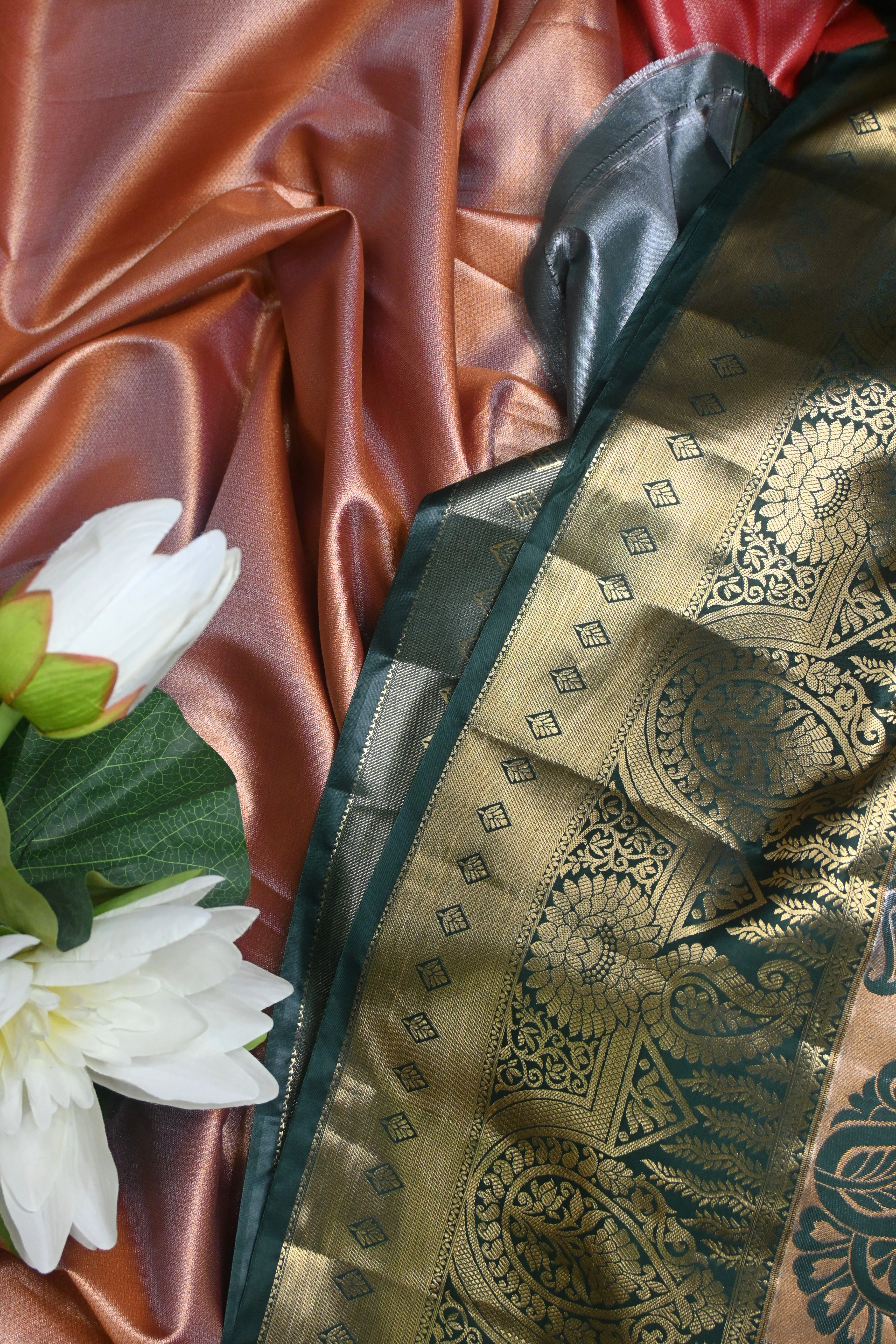 Coral & Forest Green Kanjivaram Saree