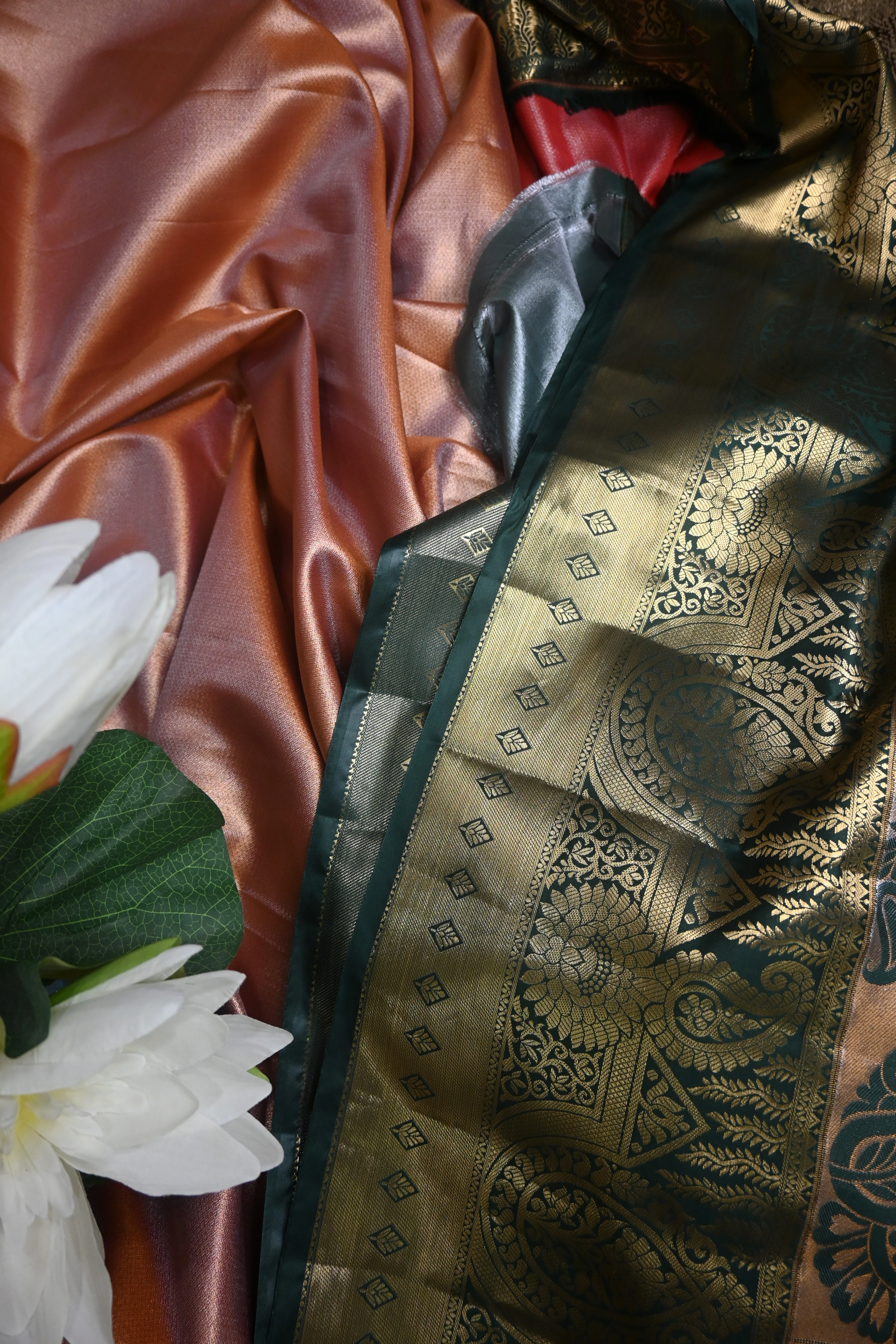 Coral & Forest Green Kanjivaram Saree