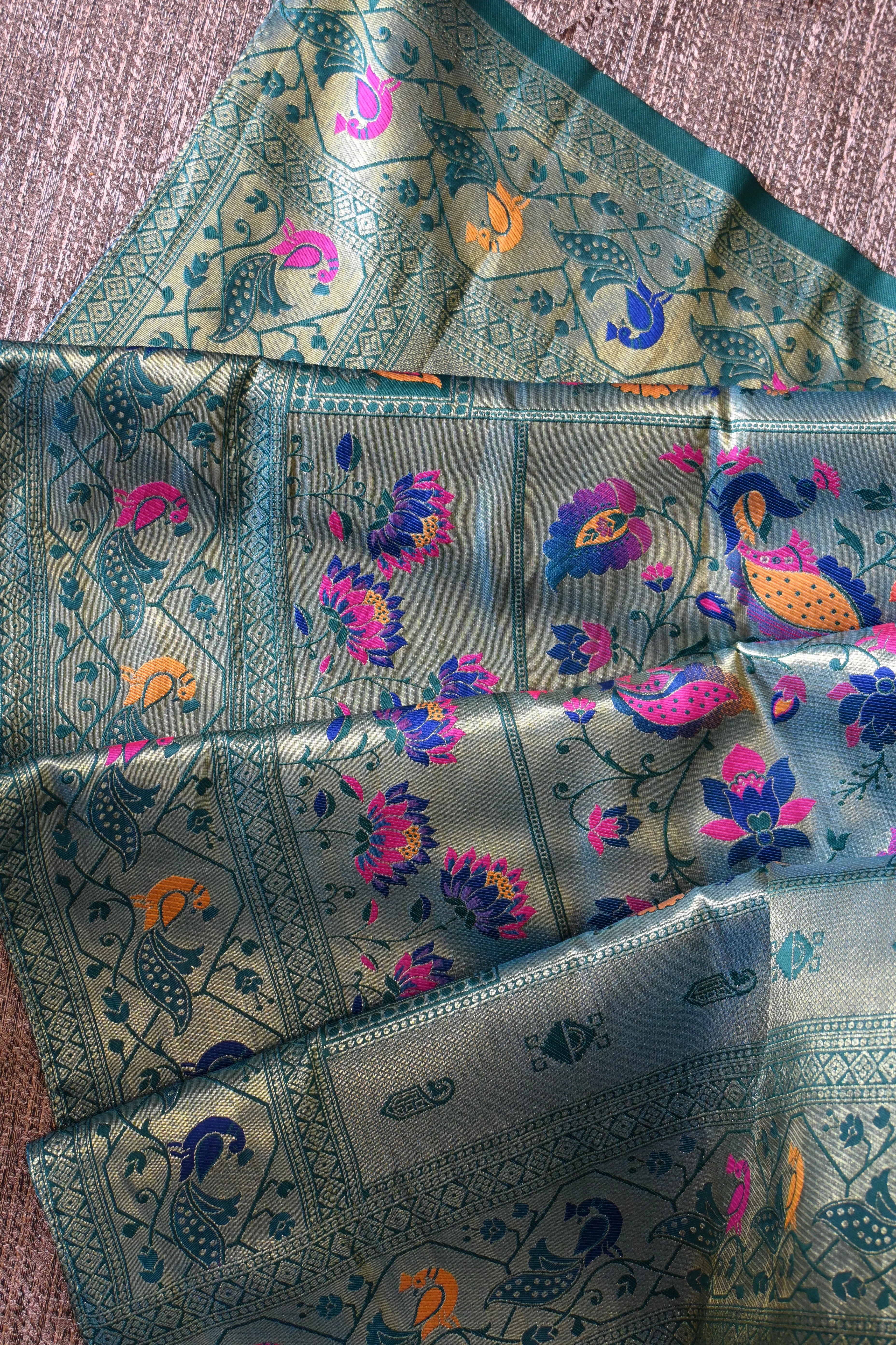 Deep Teal & Gold Paithani Silk Saree
