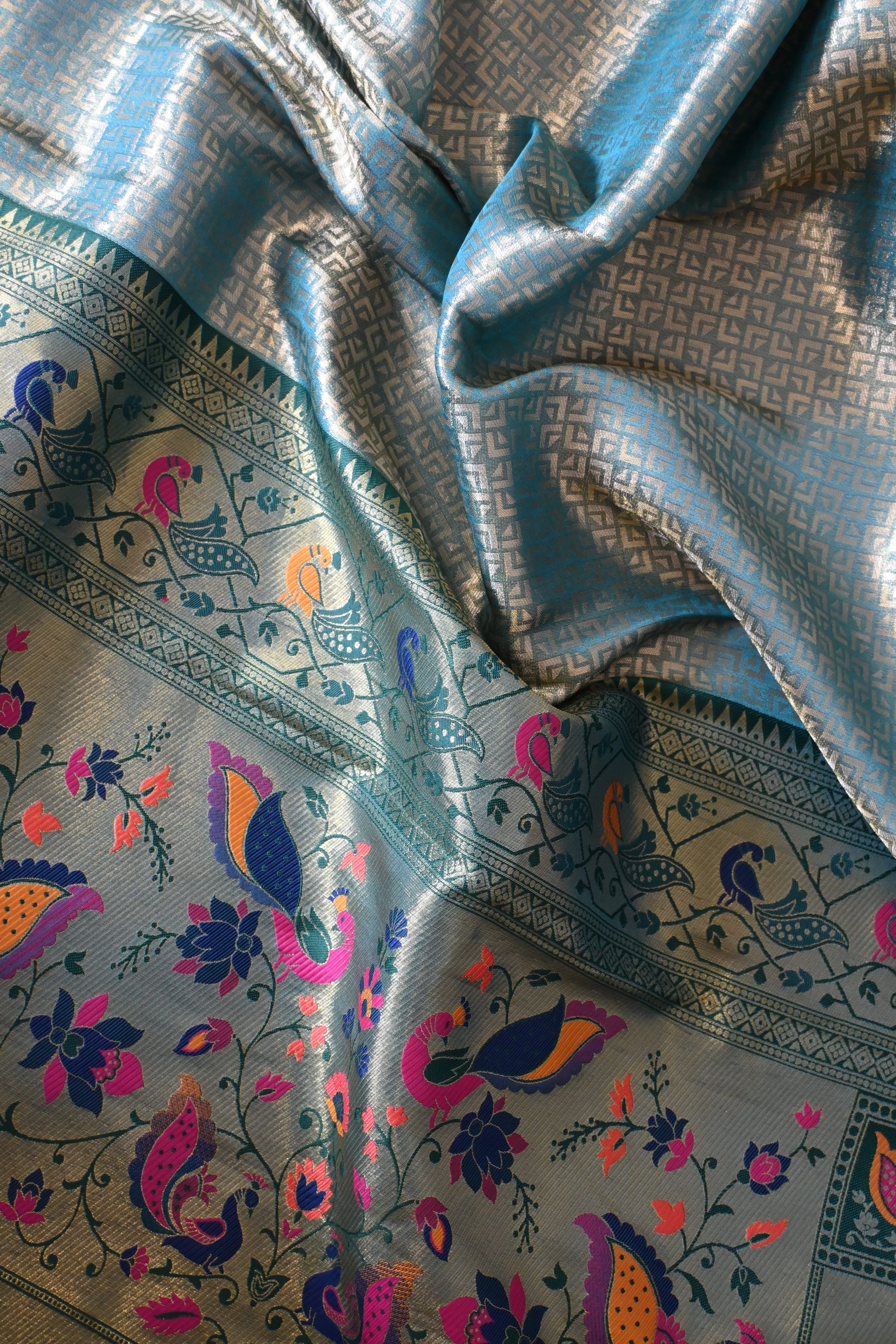 Deep Teal & Gold Paithani Silk Saree