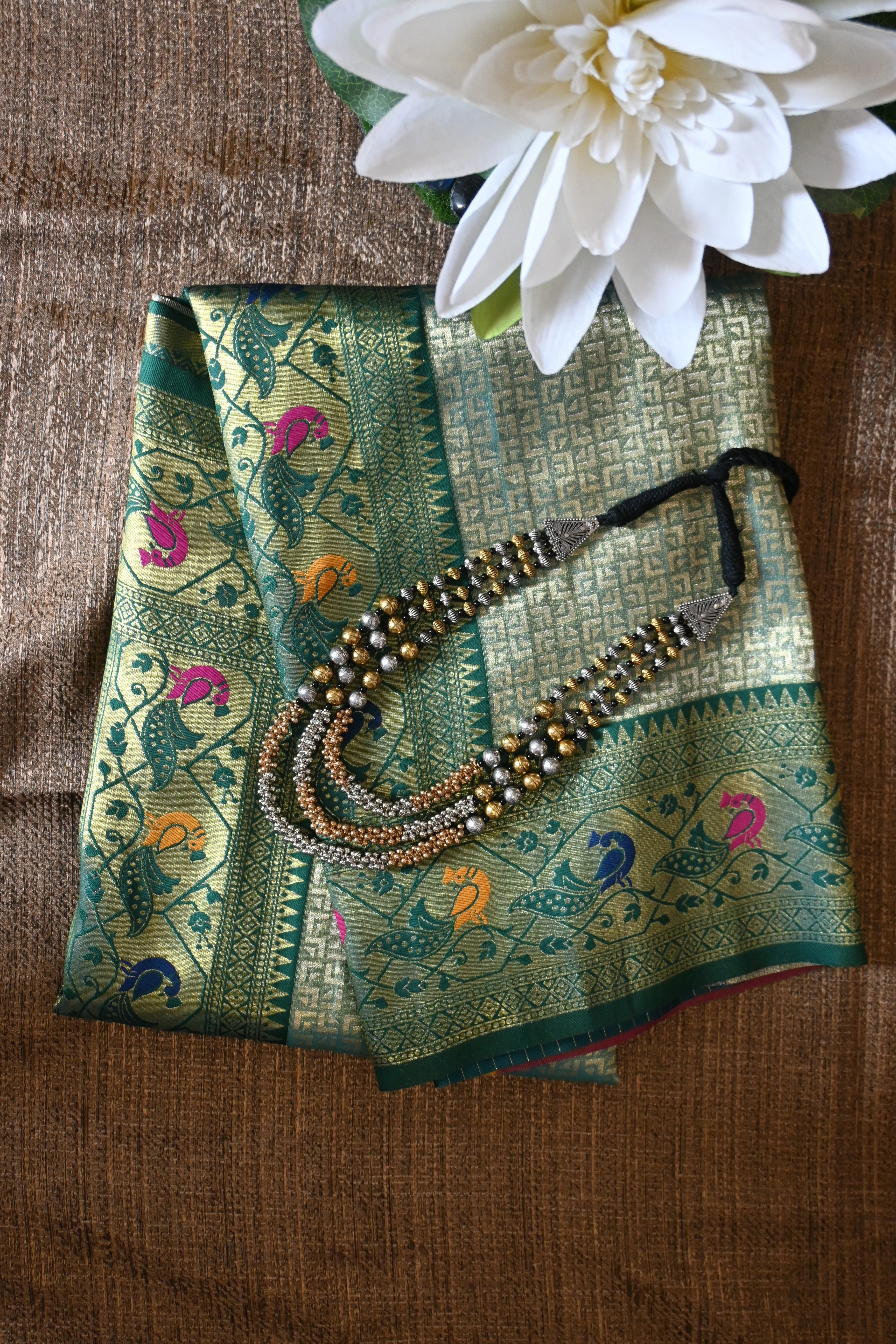 Deep Teal & Gold Paithani Silk Saree