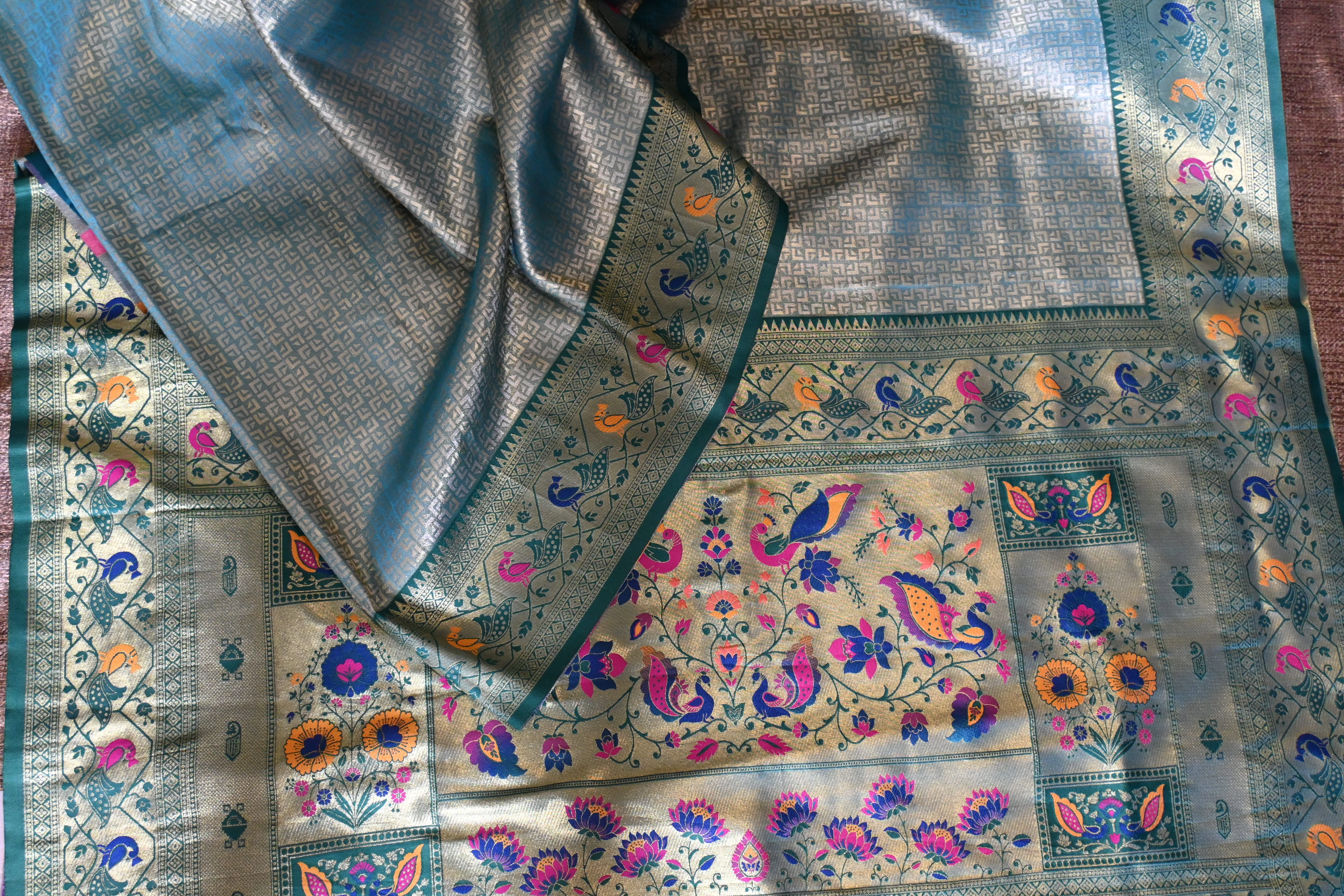 Deep Teal & Gold Paithani Silk Saree