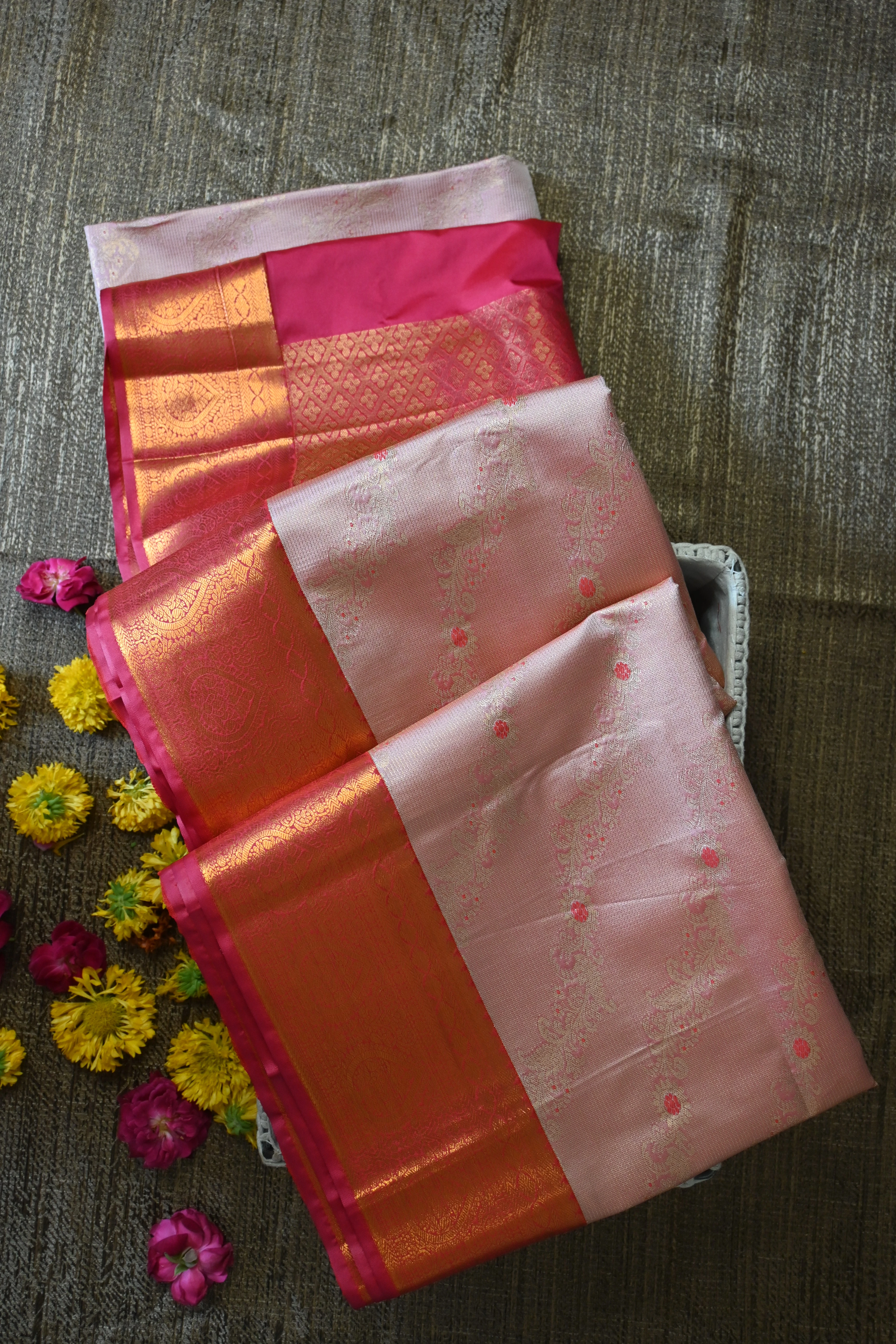 Pastel Pink & Crimson Kanjivaram Saree