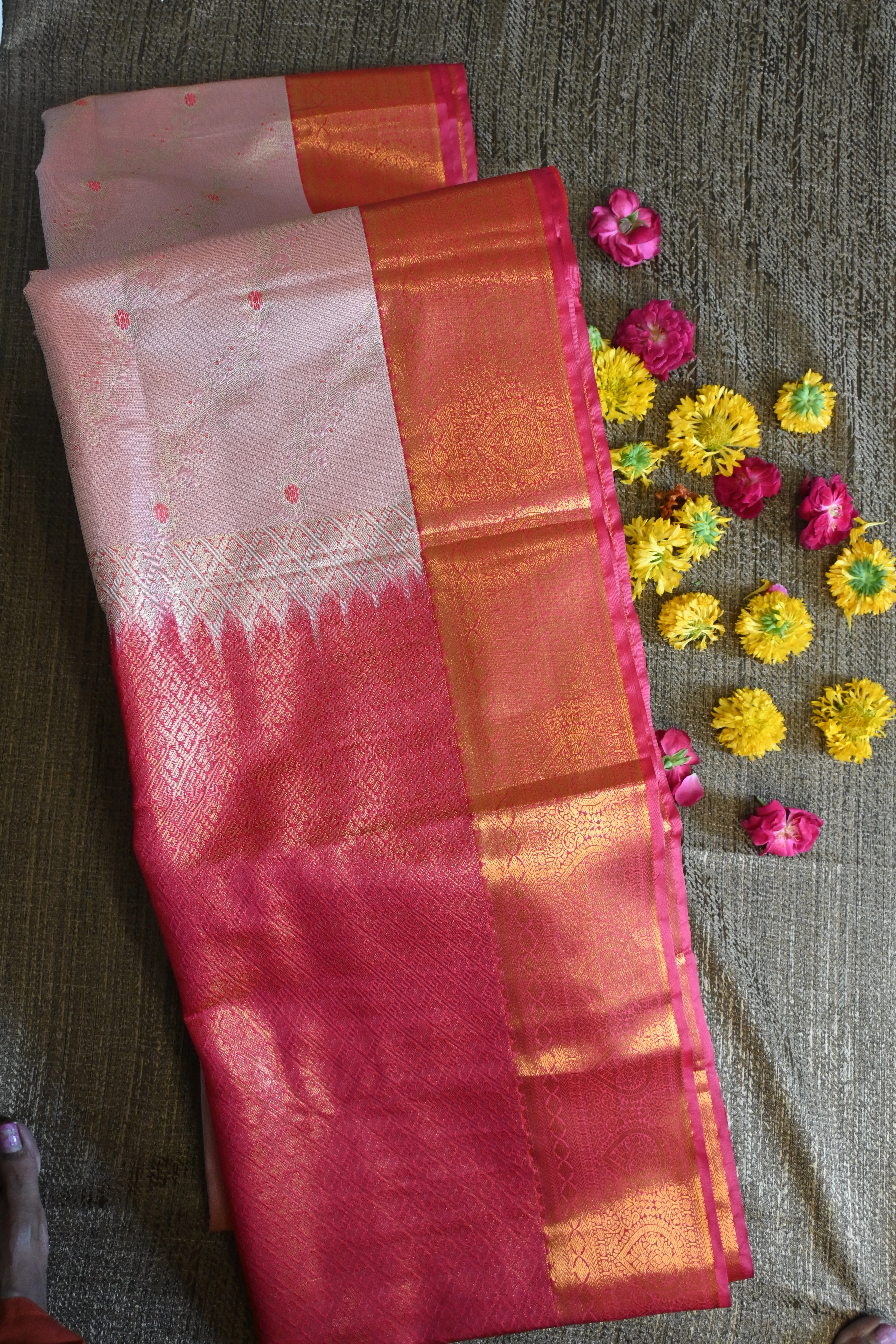 Pastel Pink & Crimson Kanjivaram Saree