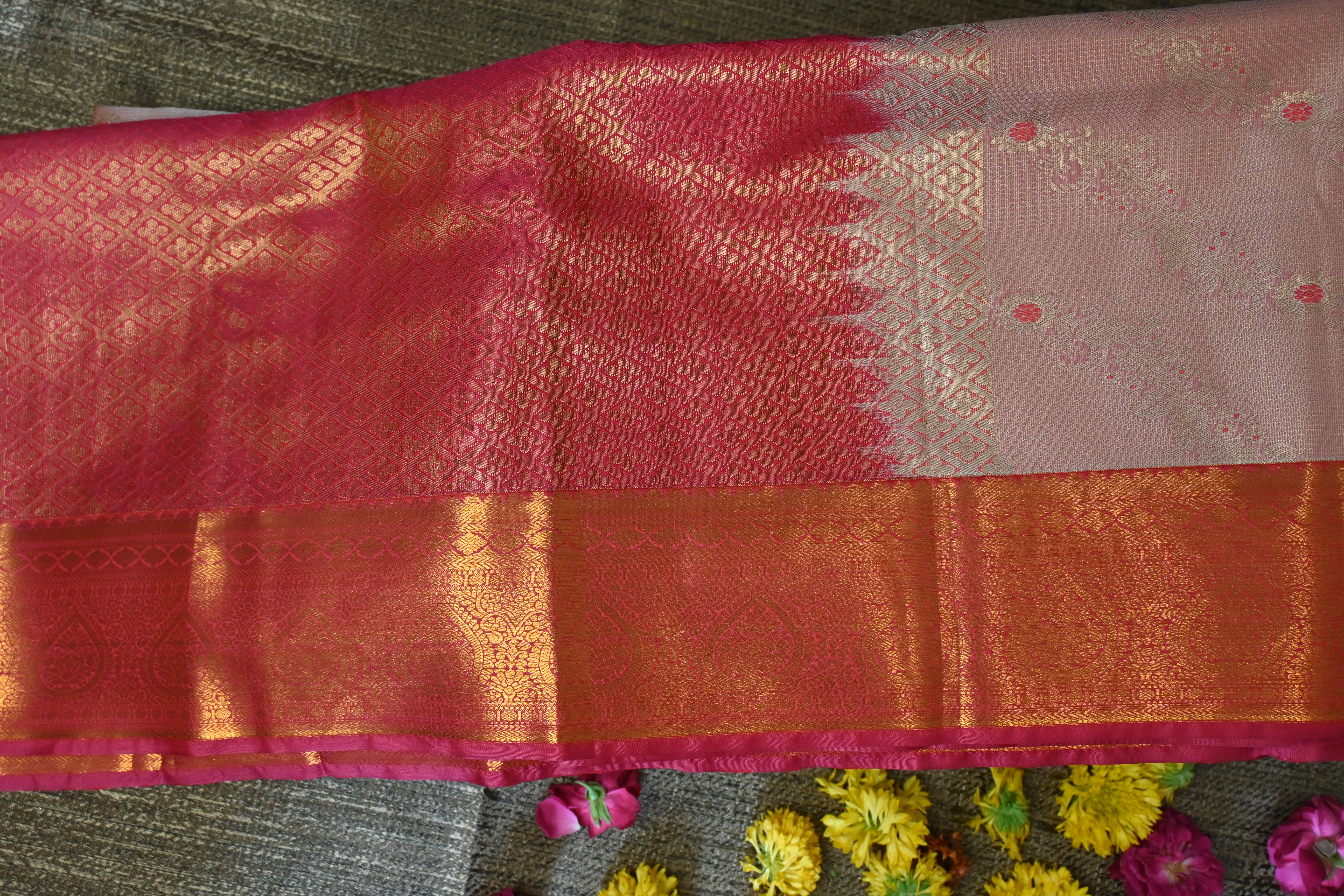 Pastel Pink & Crimson Kanjivaram Saree