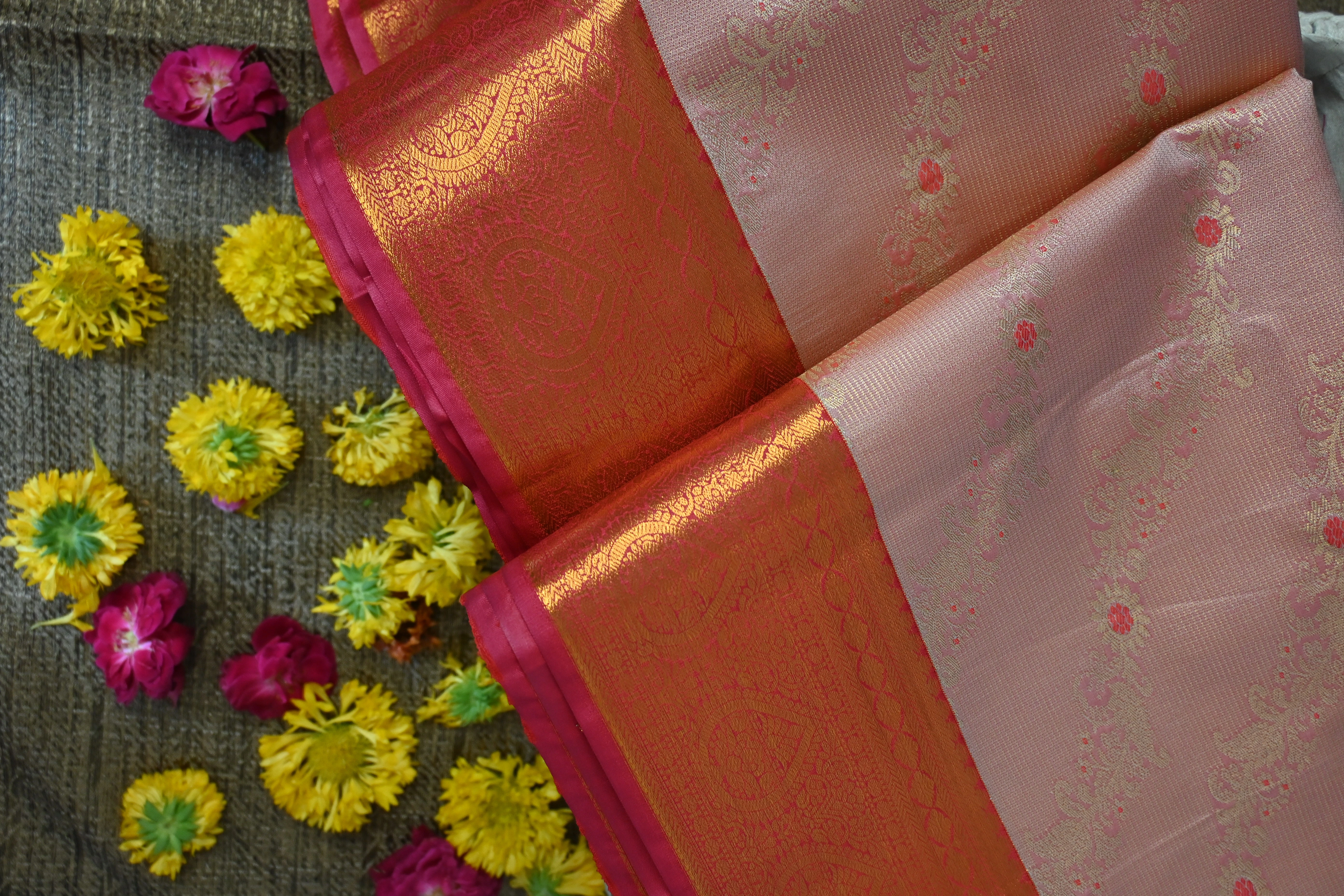 Pastel Pink & Crimson Kanjivaram Saree