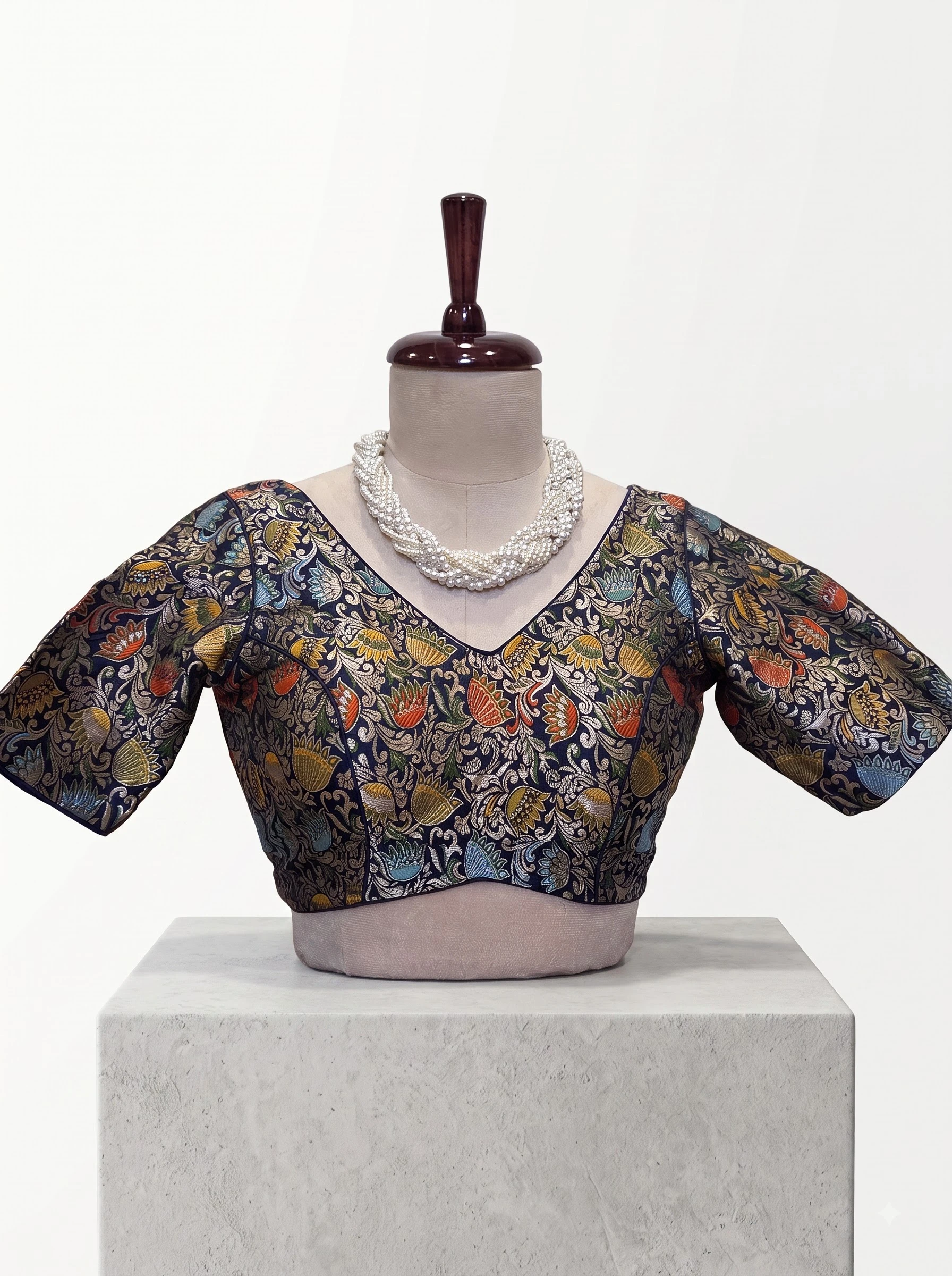 Regal Navy Botanical Brocade Blouse
