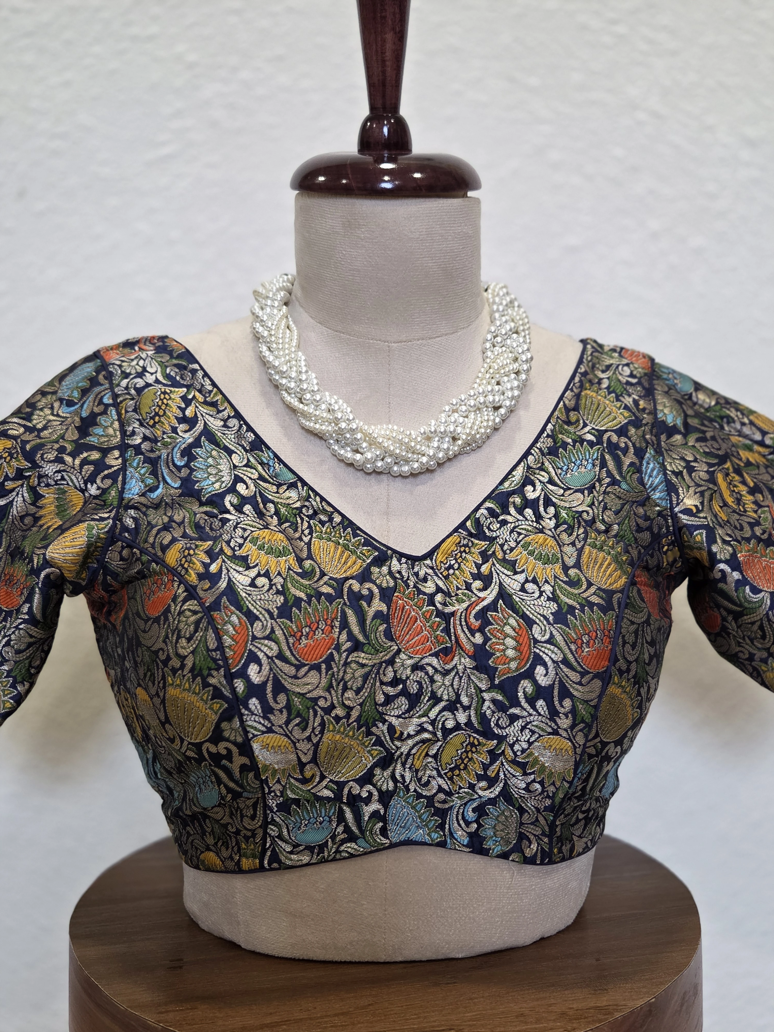 Regal Navy Botanical Brocade Blouse