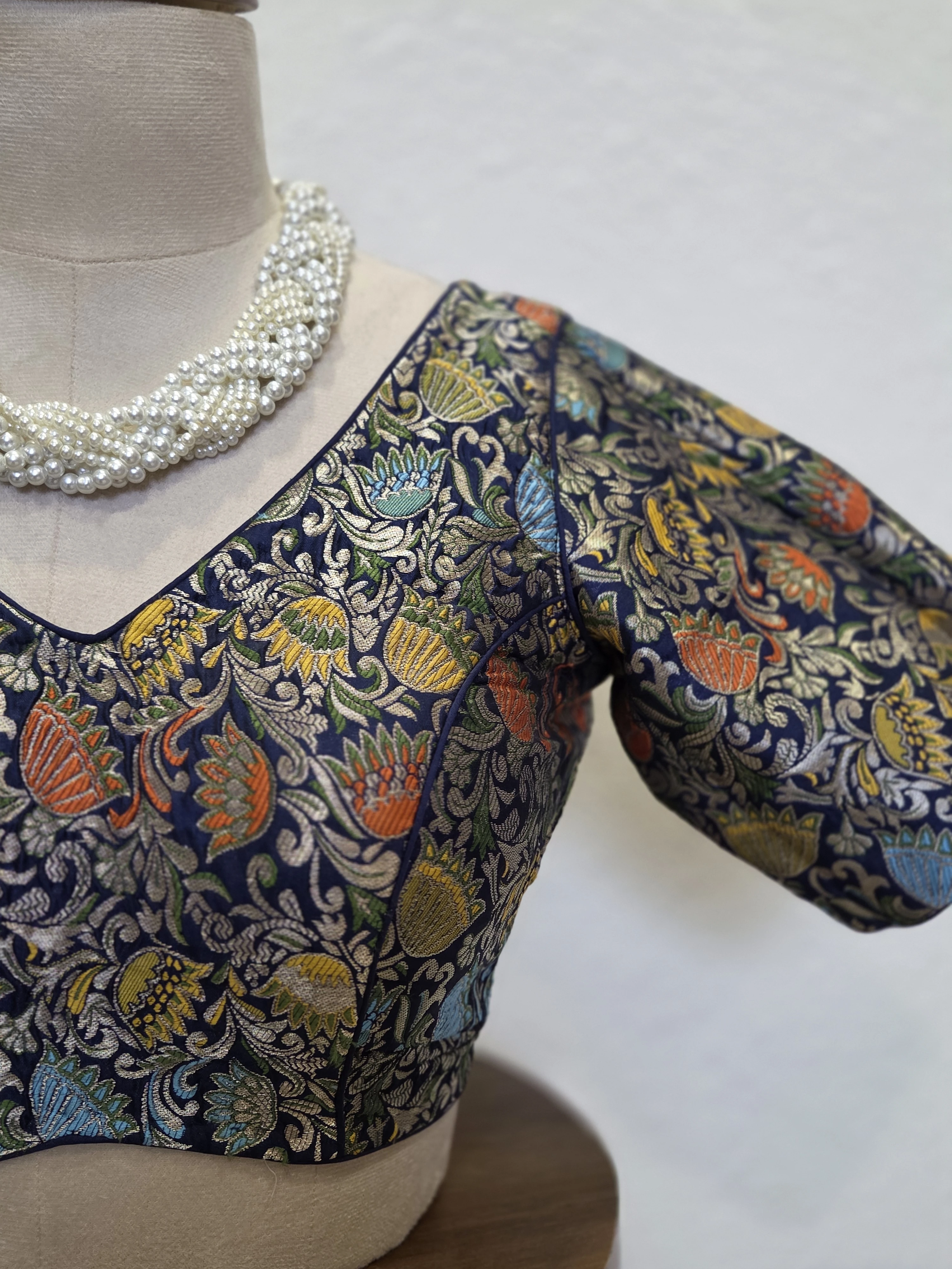 Regal Navy Botanical Brocade Blouse
