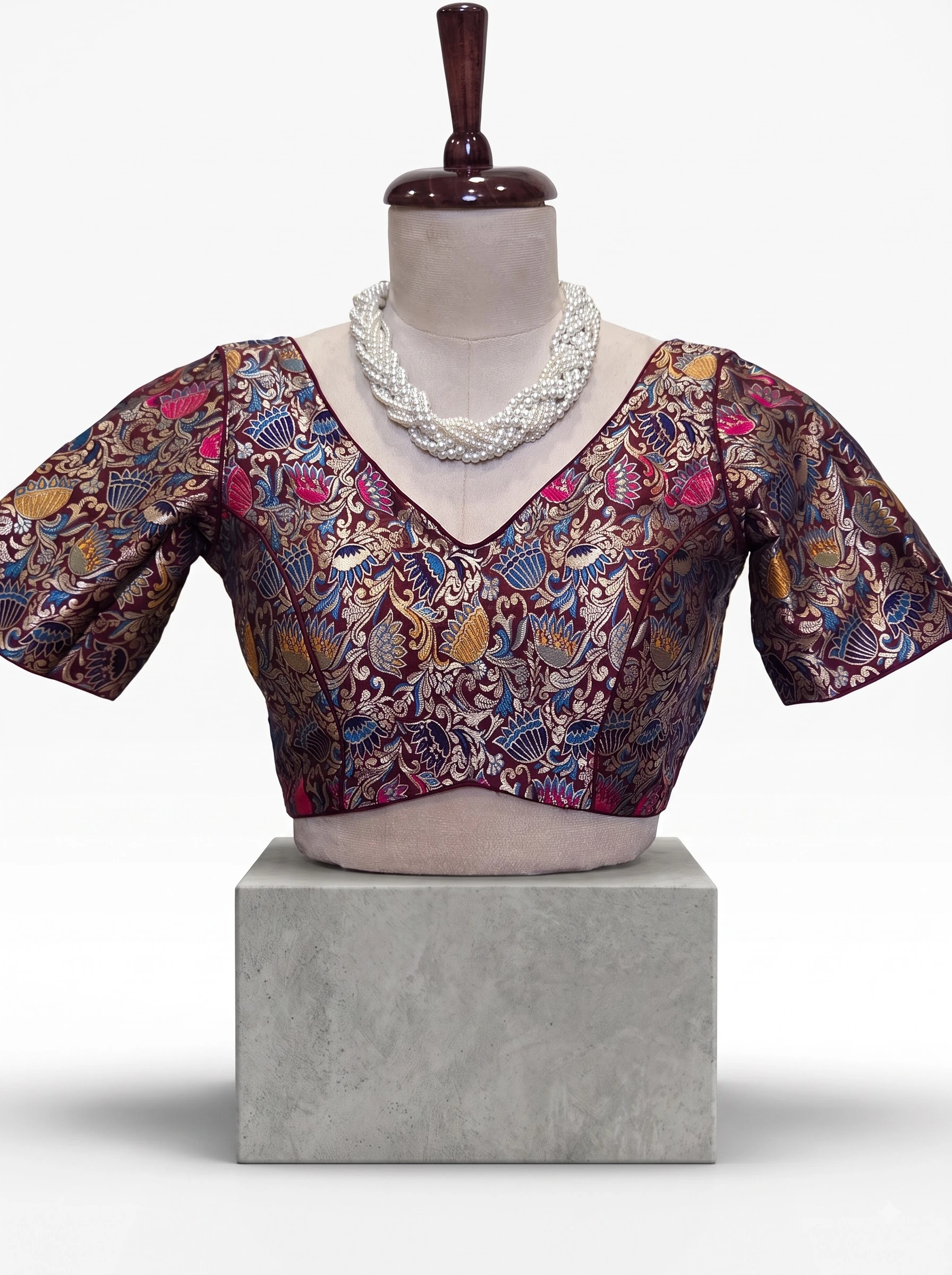 Deep Burgundy Botanical Brocade Blouse