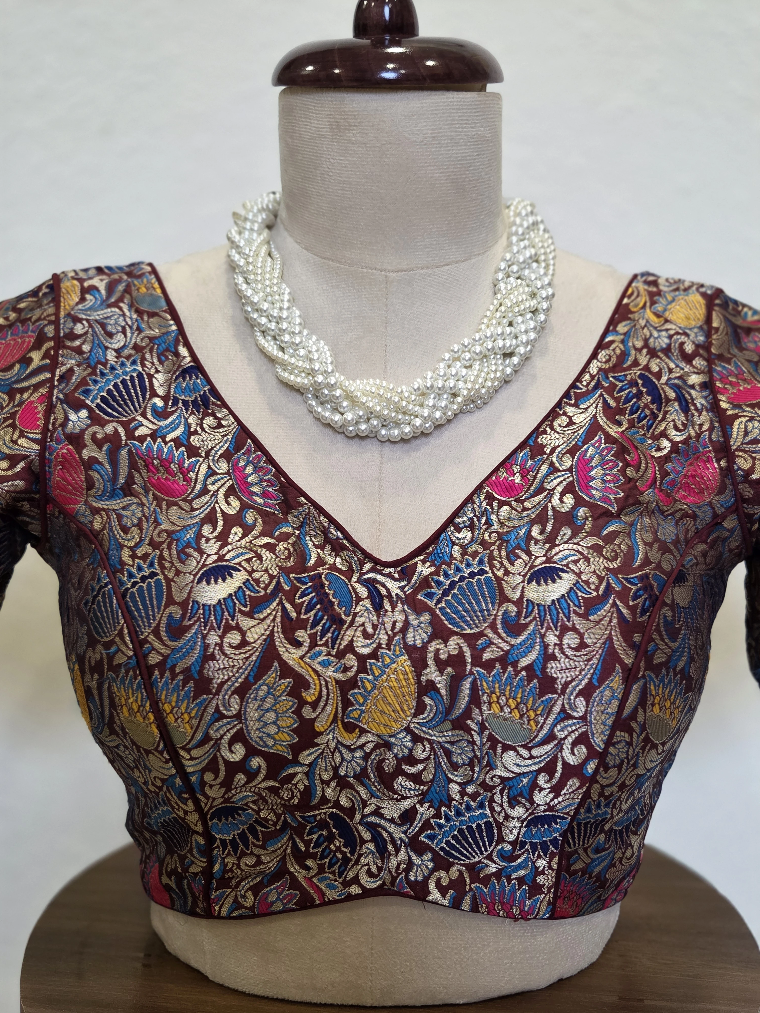 Deep Burgundy Botanical Brocade Blouse