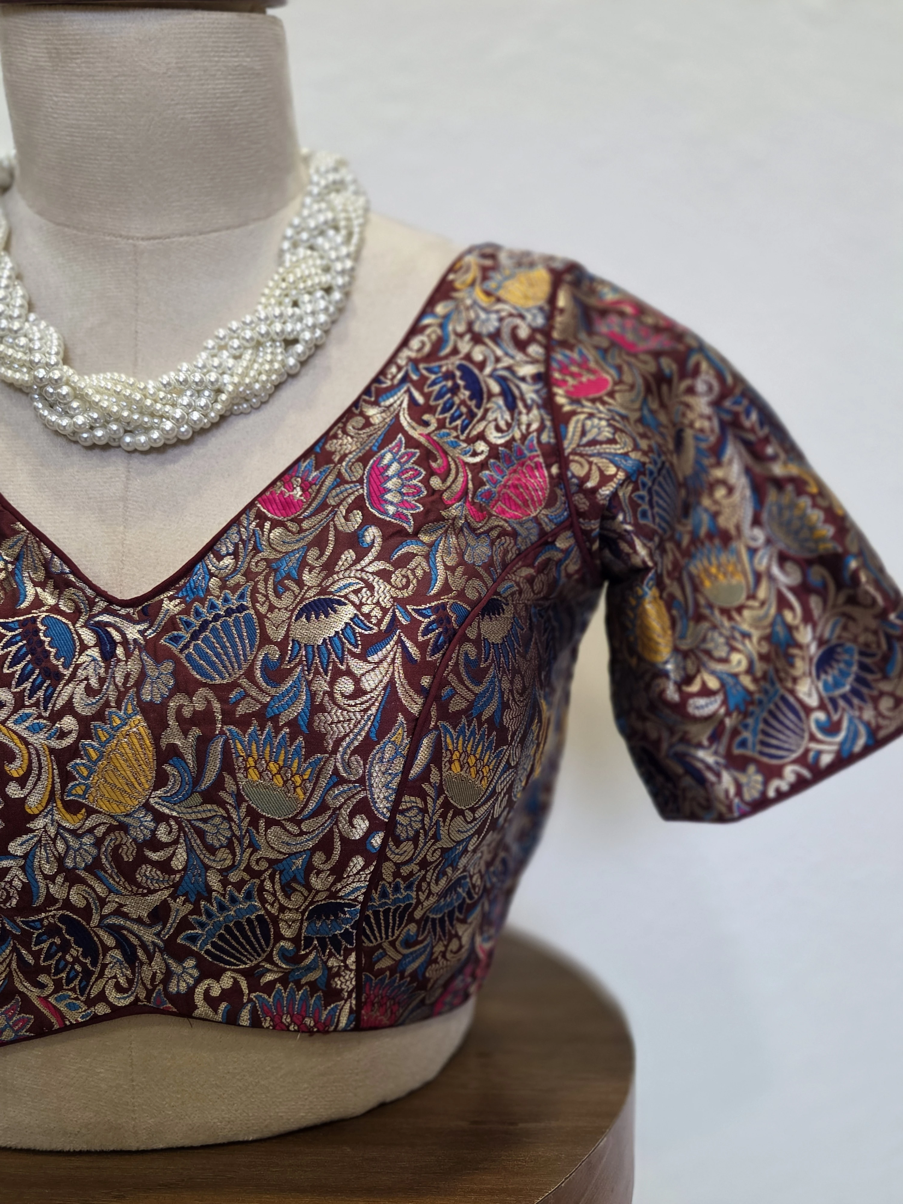 Deep Burgundy Botanical Brocade Blouse