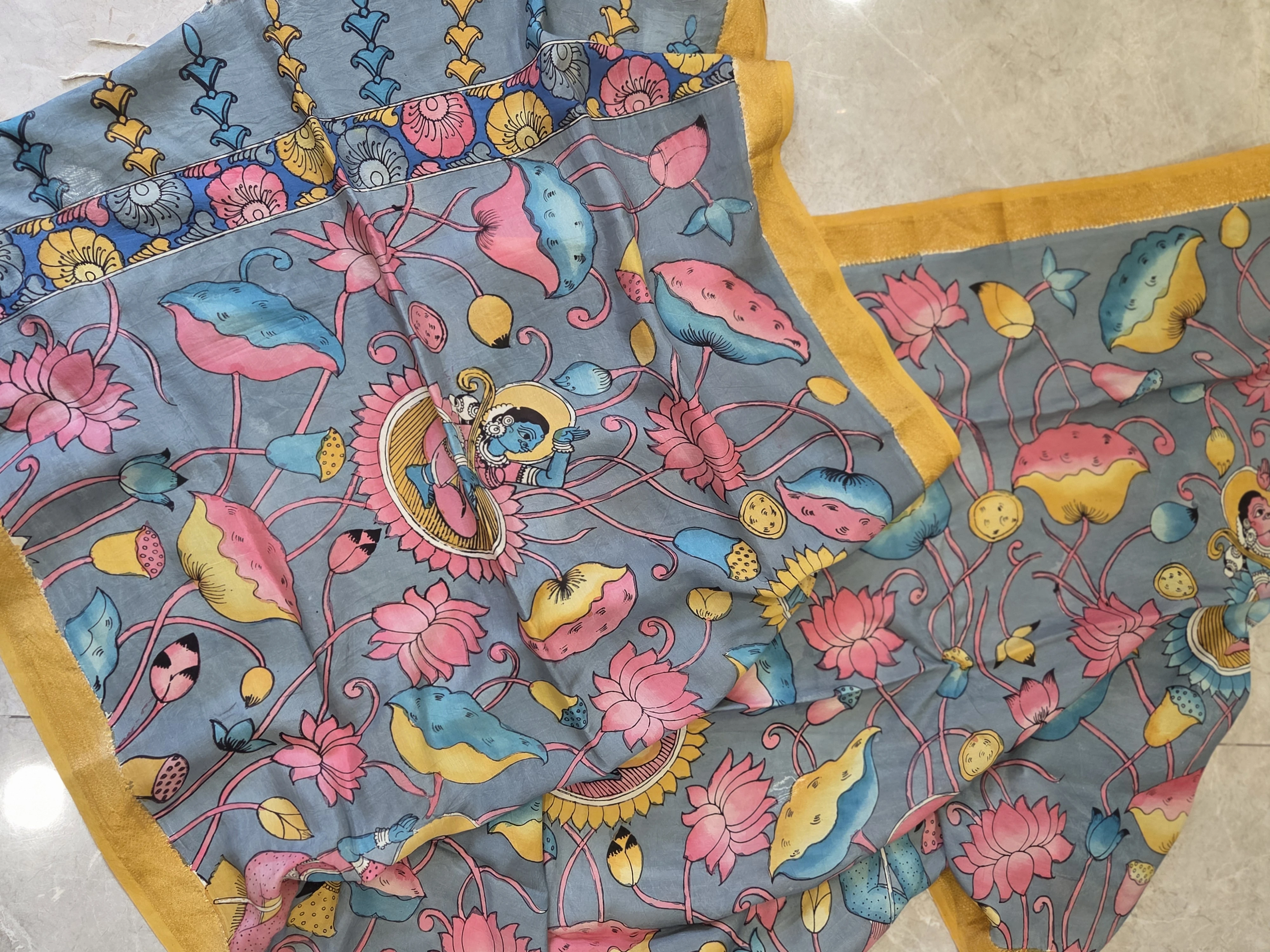 Slate Grey Pichwai Lotus Print Dupatta