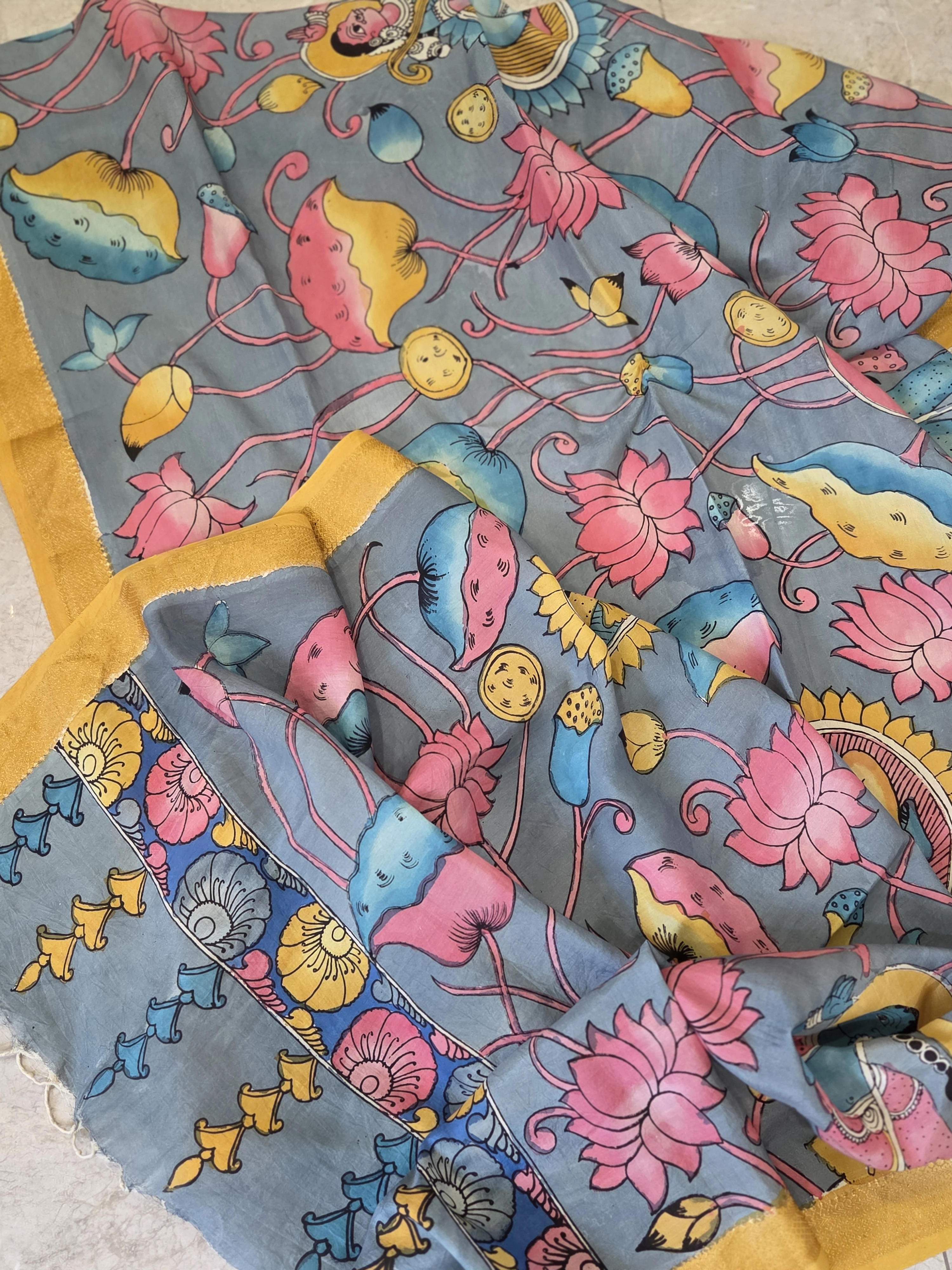 Slate Grey Pichwai Lotus Print Dupatta