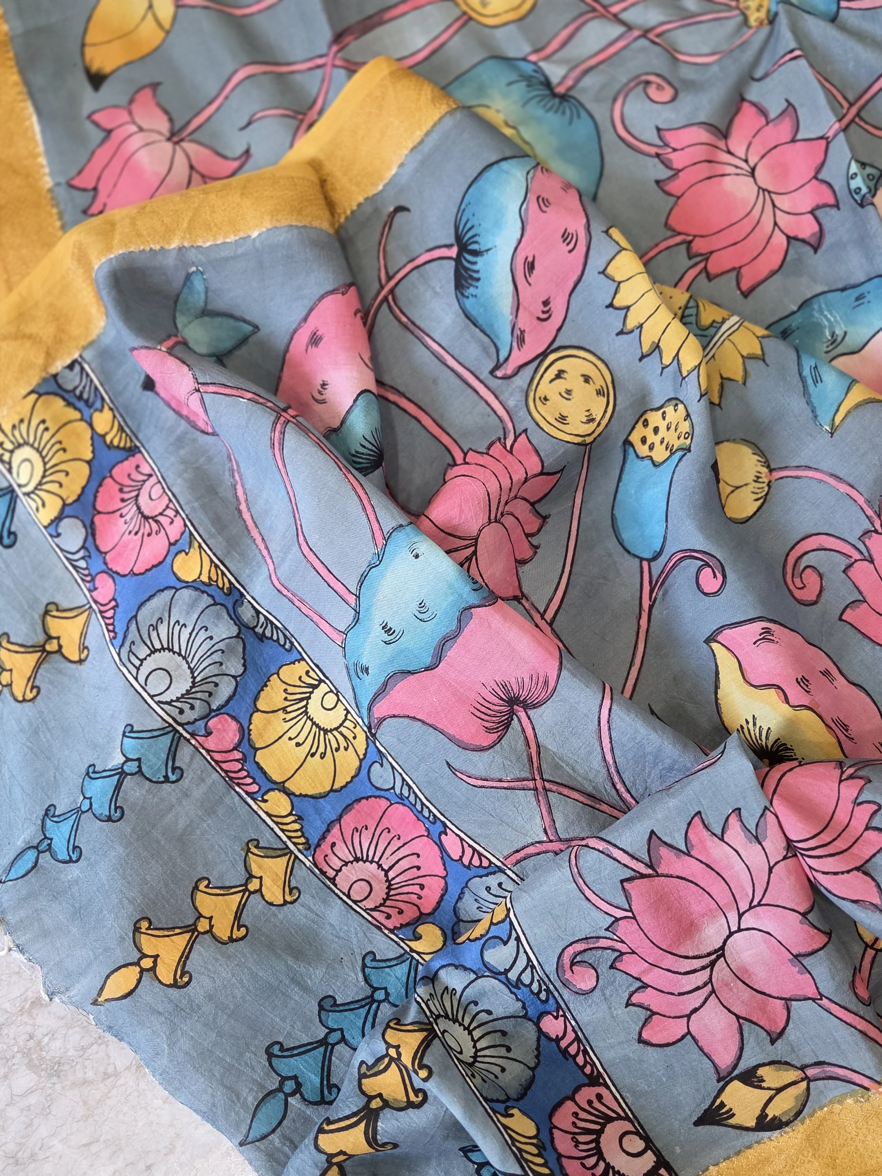 Slate Grey Pichwai Lotus Print Dupatta