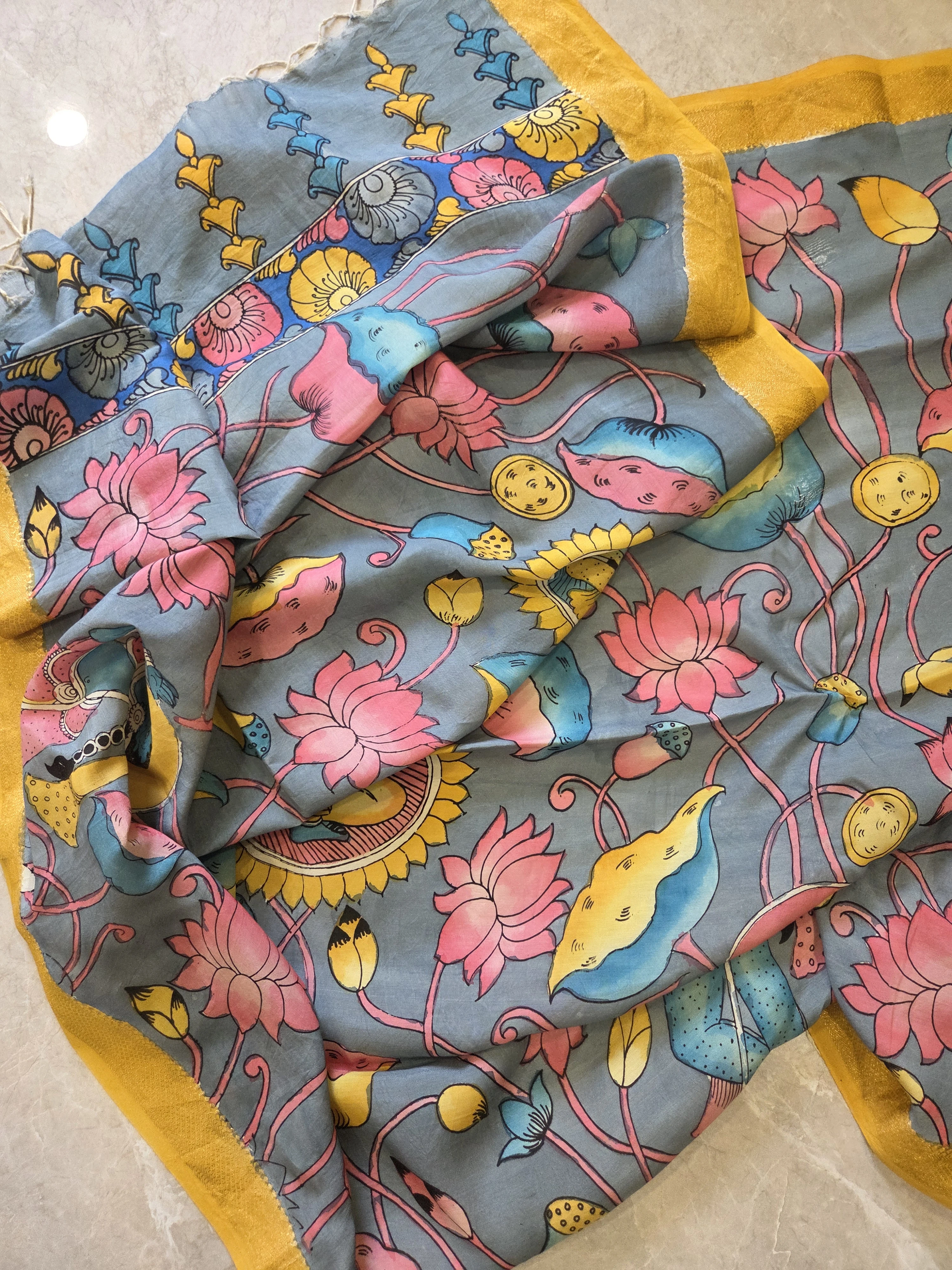 Slate Grey Pichwai Lotus Print Dupatta
