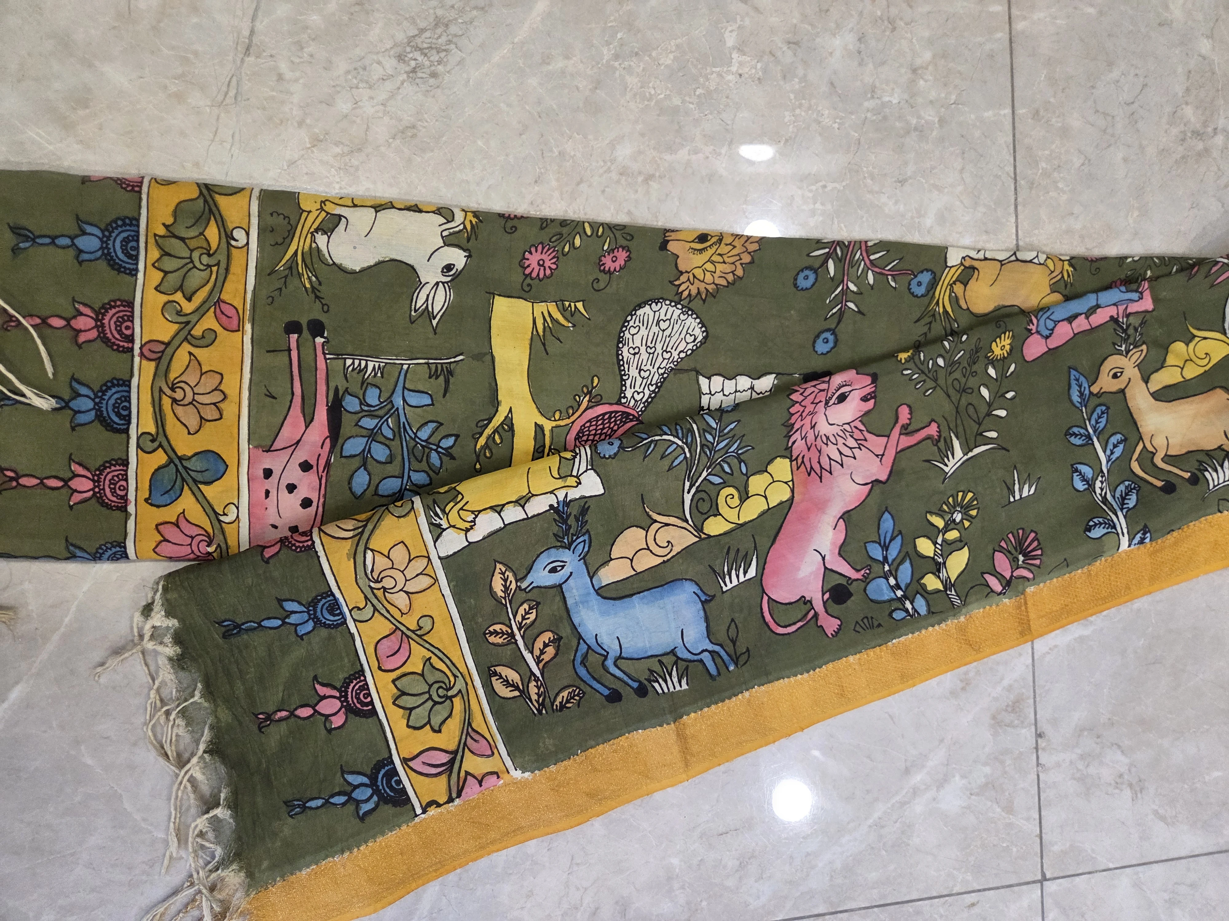 Olive Green Folk Art Animal Print Dupatta