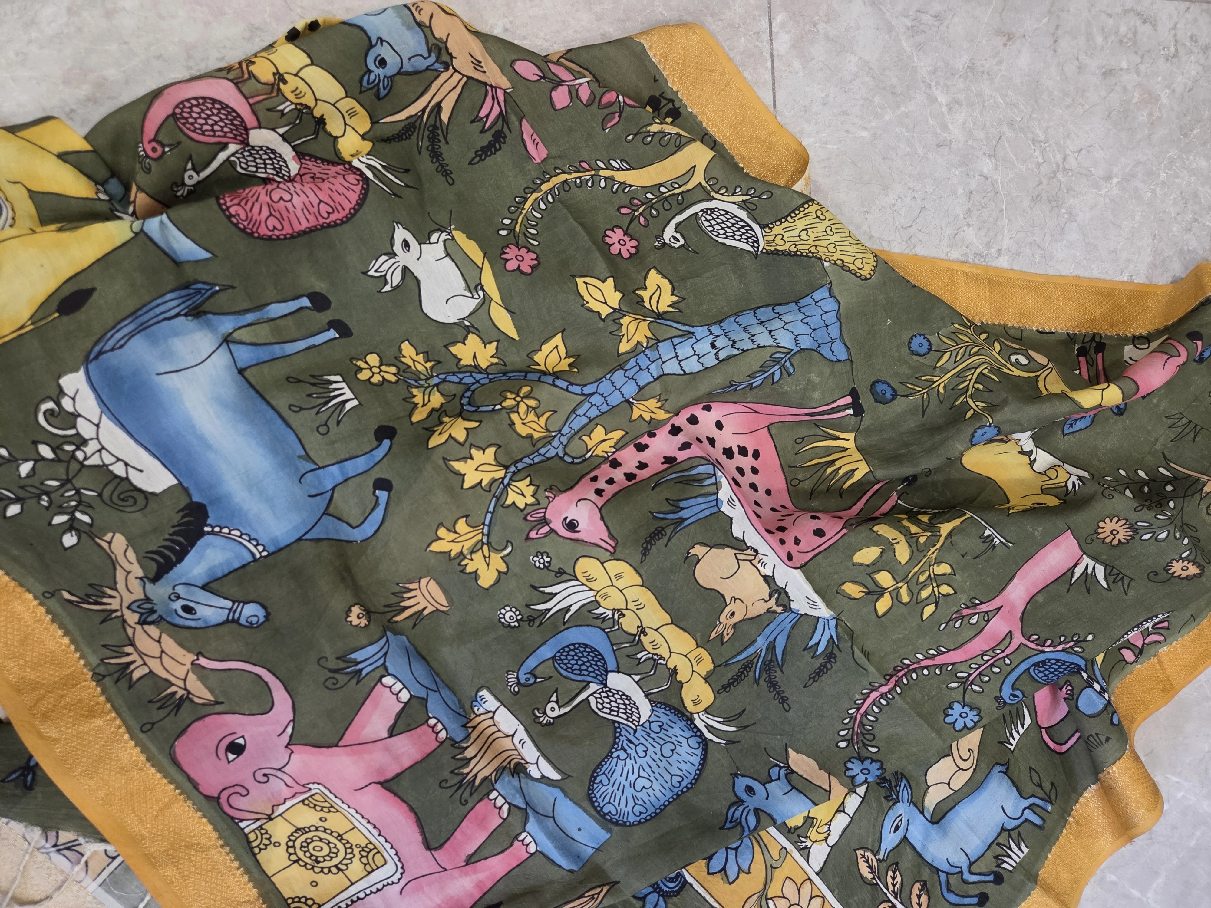 Olive Green Folk Art Animal Print Dupatta
