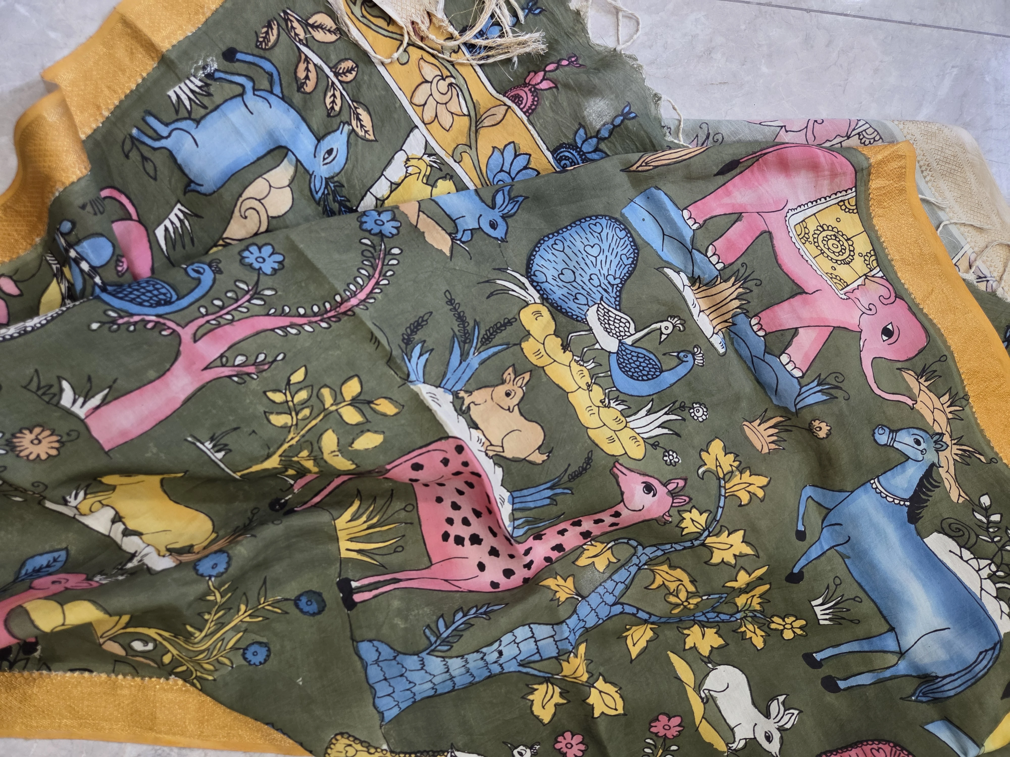 Olive Green Folk Art Animal Print Dupatta