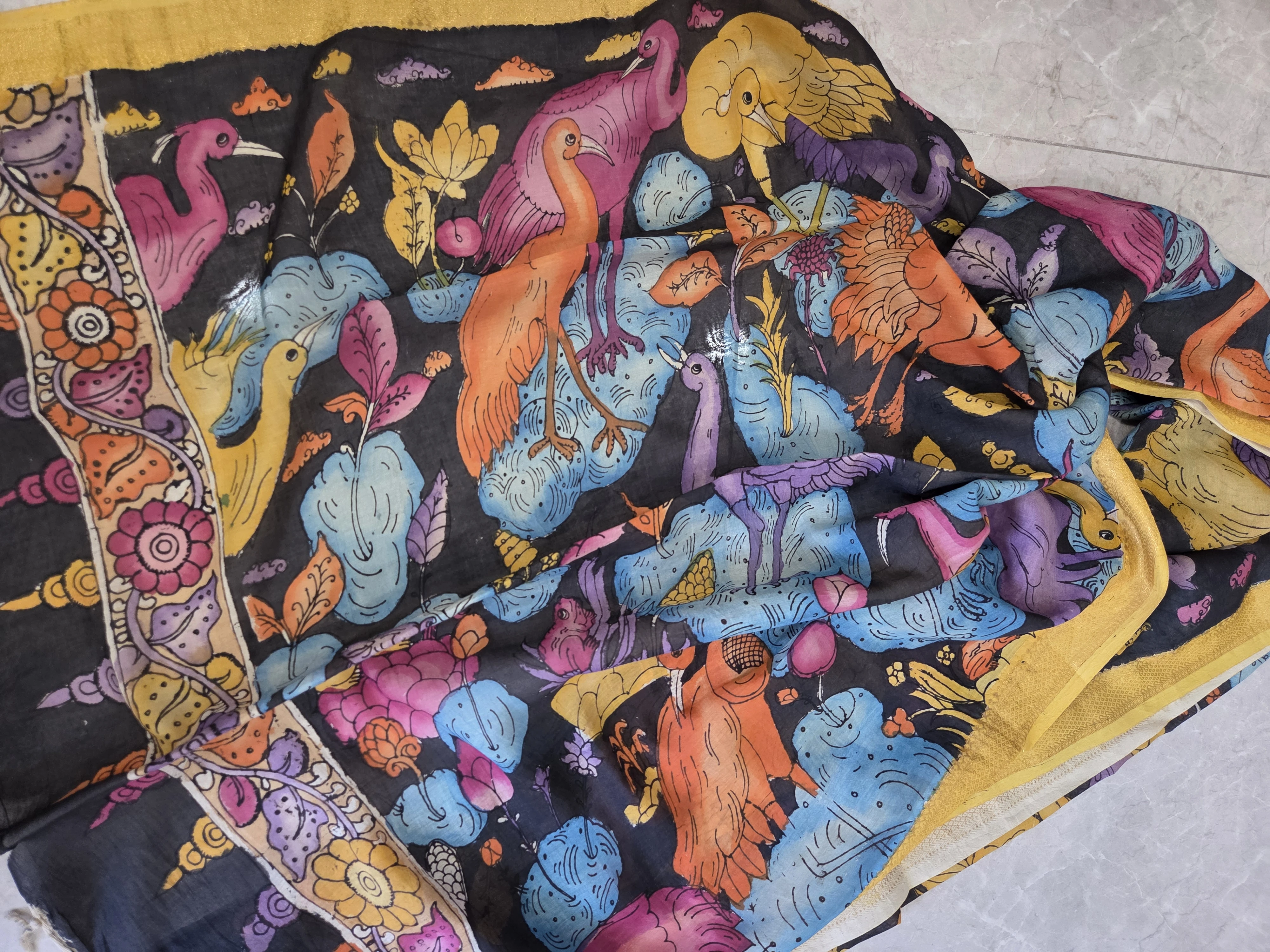 Midnight Avian Kalamkari Print Dupatta