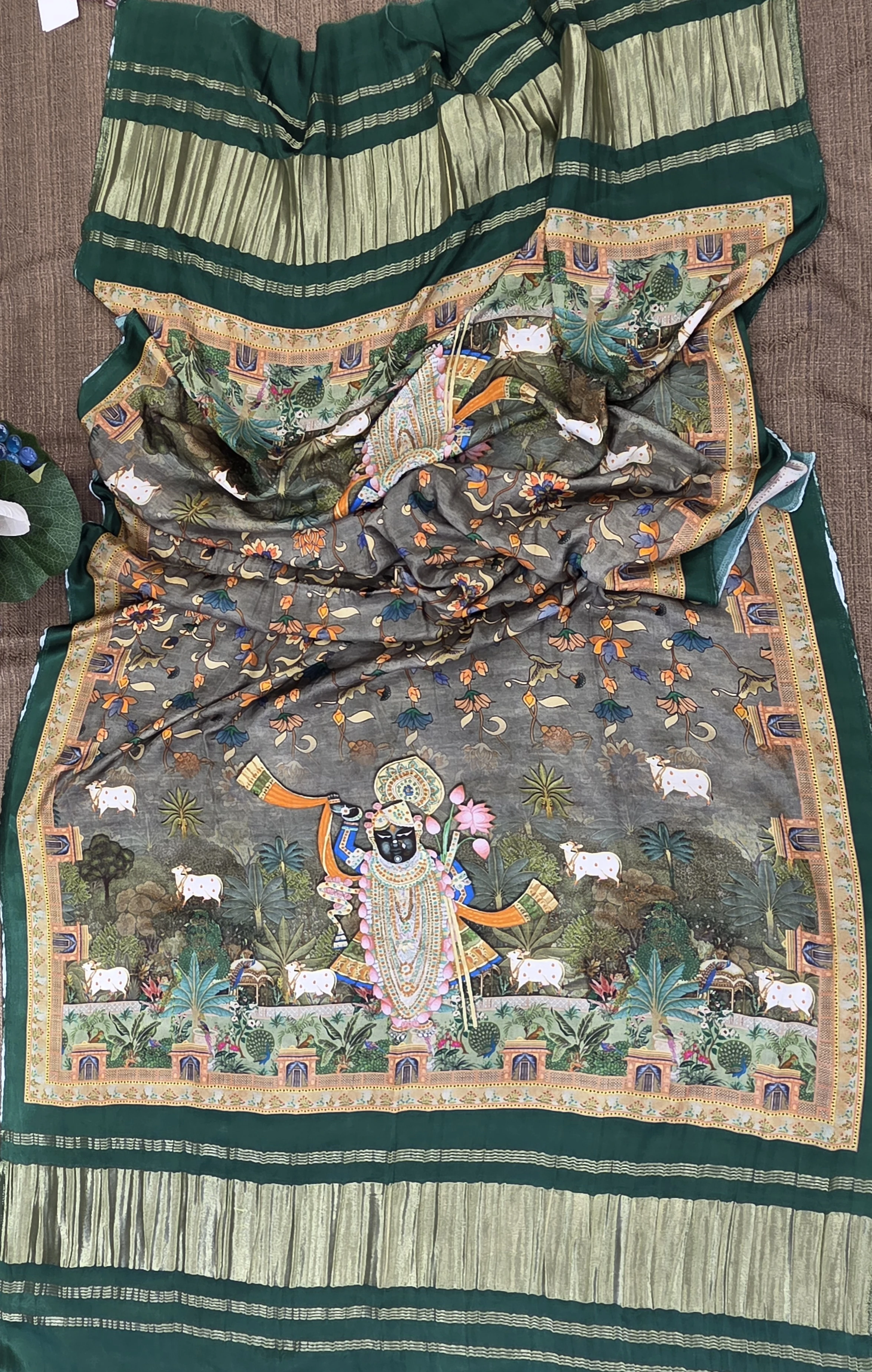Forest Green & Grey Pichwai Print Crushed Dupatta